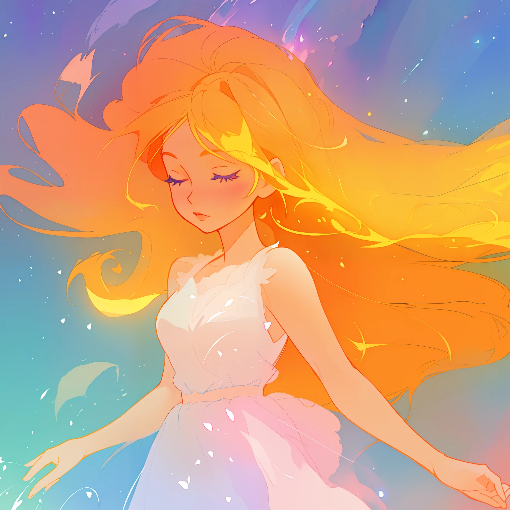 beautiful girl in white dress, fairy dress, long golden hair, watercolor illustration, inspired by Glen Keane, inspired by Lois van Baarle, disney art style, by Lois van Baarle, glowing aura around her, by Glen Keane, jen bartel, glowing lights! digital painting, flowing glowing hair, glowing flowing hair, beautiful digital illustration, fantasia otherworldly landscape plants flowers, beautiful, masterpiece, best quality, anime disney style