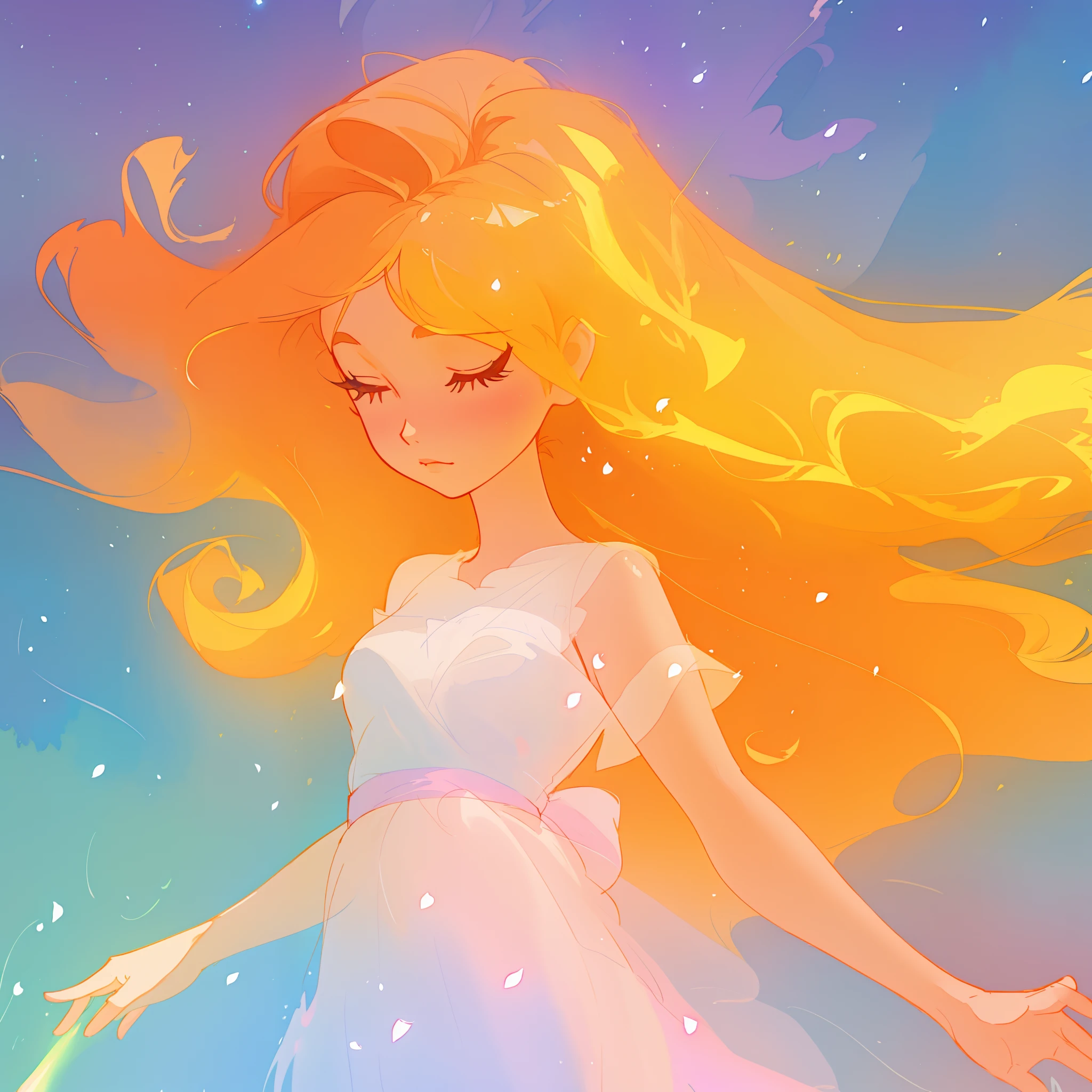beautiful girl in white dress, fairy dress, long golden hair, watercolor illustration, inspired by Glen Keane, inspired by Lois van Baarle, disney art style, by Lois van Baarle, glowing aura around her, by Glen Keane, jen bartel, glowing lights! digital painting, flowing glowing hair, glowing flowing hair, beautiful digital illustration, fantasia otherworldly landscape plants flowers, beautiful, masterpiece, best quality, anime disney style