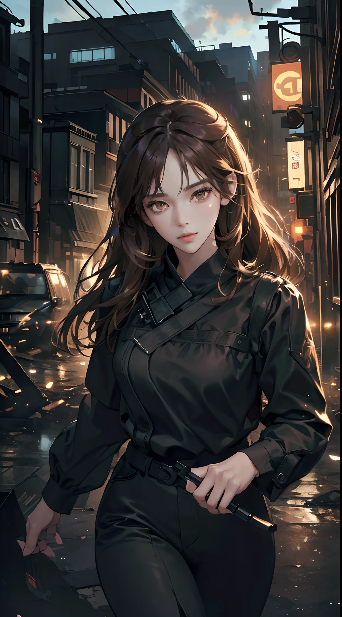 (masterpiece best quality ultra detailed 8K photorealistic dark dystopian setting realistic lighting Manhwa art HDR image) (a twenty-eight year old woman) (very beautiful face, perfect lines, brown eyes, long hair, movement) (wearing black clothes walking in the destroyed street night dystopia)