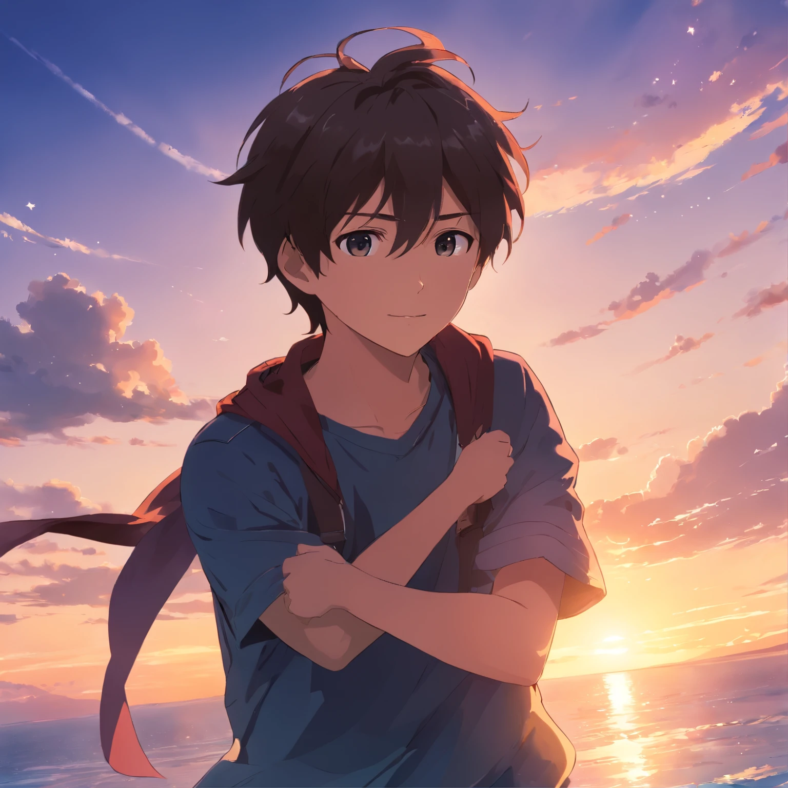 masutepiece, Best Quality, Movie Still, 1boy, 22 years old, Floating in the sky,, arms in arms, close-up, Bright, Happy, Warm and soft lighting, Sunset, Black Gi outfit with silver trimming (sparks:0.7)