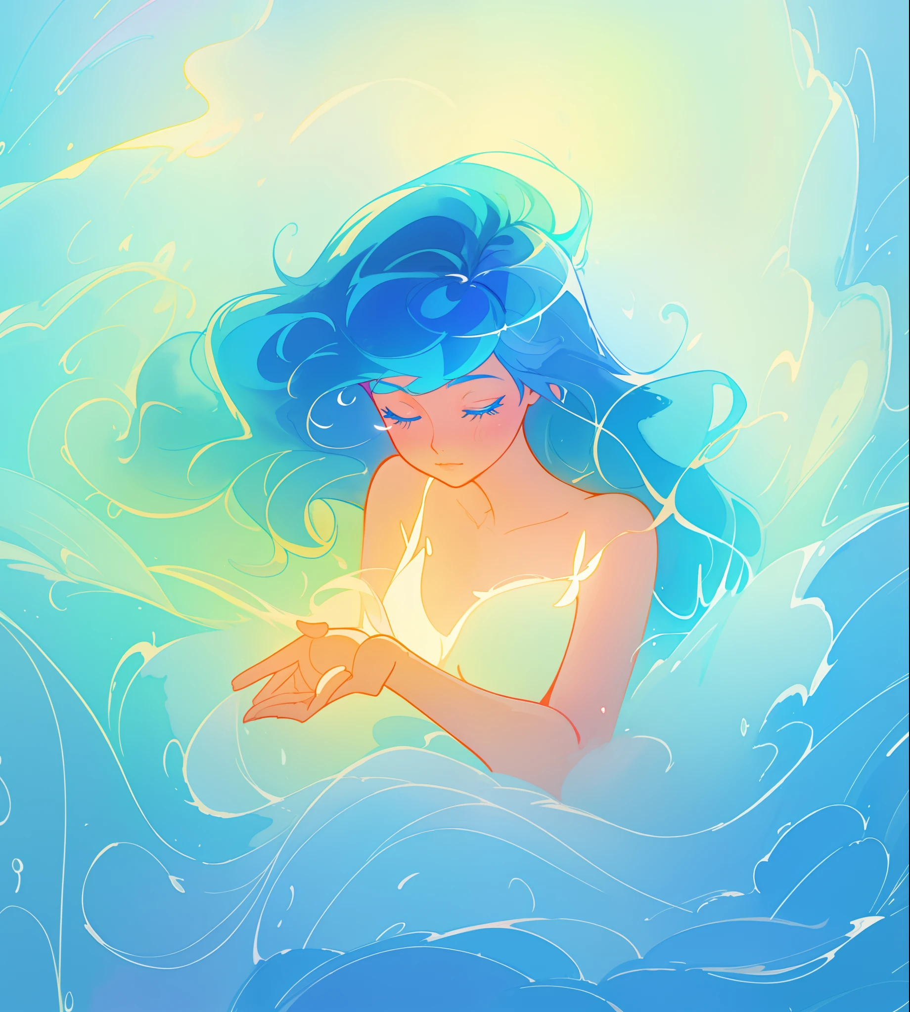 beautiful girl surrounded by liquid light, long wavy blue hair, watercolor illustration, inspired by Glen Keane, inspired by Lois van Baarle, disney art style, by Lois van Baarle, glowing aura around her, by Glen Keane, jen bartel, glowing lights! digital painting, flowing glowing hair, glowing flowing hair, beautiful digital illustration, fantasia otherworldly landscape plants flowers, beautiful, masterpiece, best quality, anime disney style