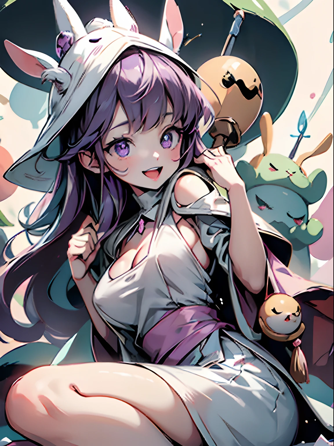 1 rabbit girl、From Side, kawaii、full bodyesbian、、big eye、kawaii eyes、a purple eye、teak、Smile with open mouth、Wizard robes、Wizard Armor、Wizard Hat、Sorcerer's Wand、gigantic breast,  cleavage of the breast、micromini skirt、top-quality、Watercolor style、