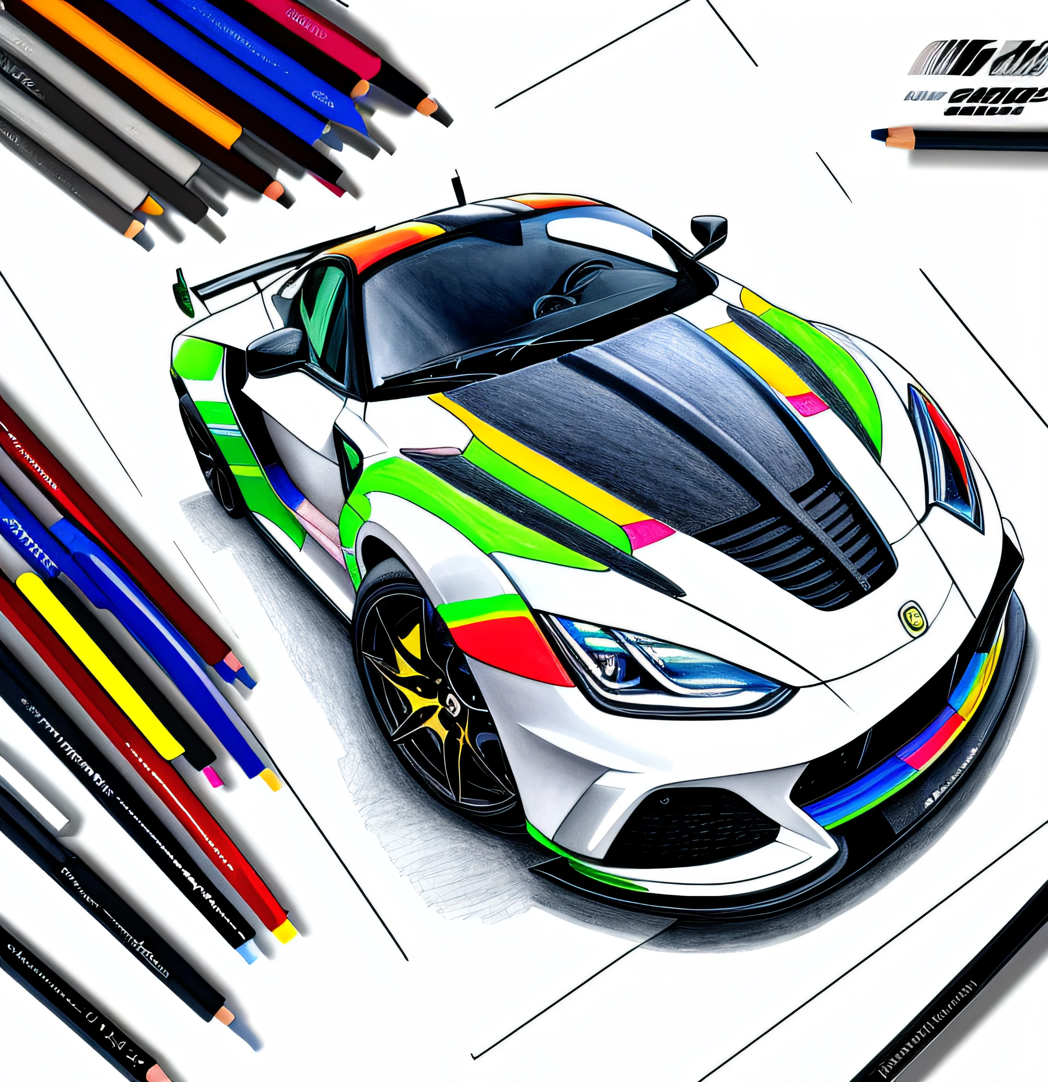 paper, sport car, colorize this drawing, watermark, half line art, half colors, color pencils