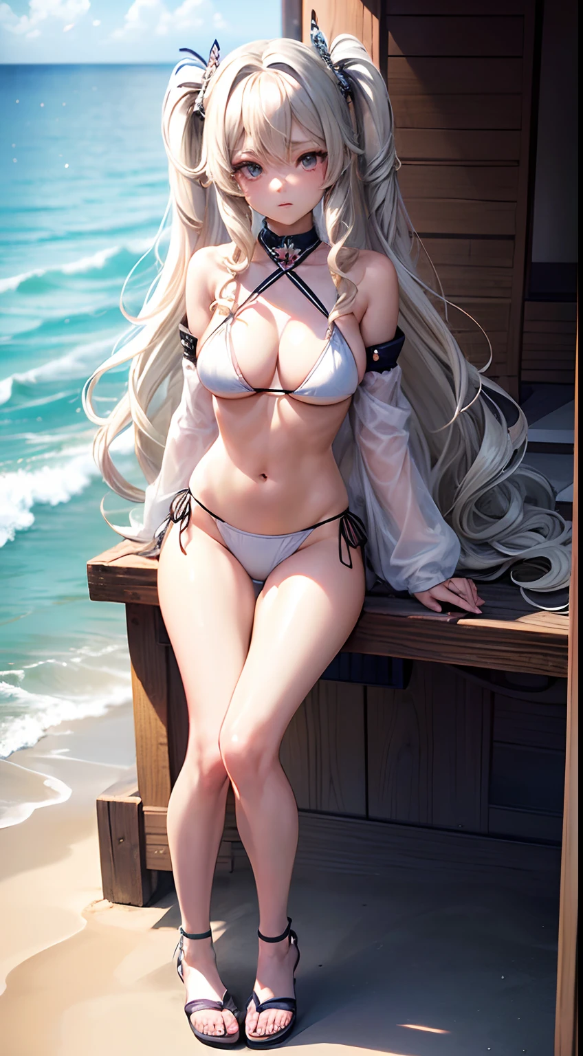 ((Best Quality)), (ultra-detailliert), ((Extremely detailed)), (Beautiful), ((Kawaii Girl)),(two side up hair)、((masutepiece)),Platinum Blonde Hair,Long hair, hair between eye, Wavy Hair, Long sideburns,Jade-colored eyes, White skin,Normal Chest,Slender body,side-tie bikini bottom、Sandals,in beach,One Woman,Anime