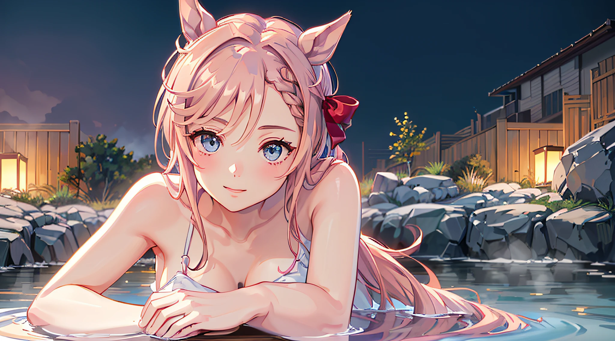 ((8K, 16k, Best Quality, masterpiece, Highly detailed, ultra detailed, official art)), Semi-realistic illustrations, 1girl in, , nsfw, (Baby face), eyes:1.2), (beautiful eyes, perfect eyes), Venus Park \(Umamusume\), (pink horse tail), (very small breasts), Beautiful face, Pink short hair, blush, Looking at Viewer, ((cute smiling)), ((hot spring, onsen, open-air bath, half body bath, steam rising from a hot spring:1.2, at night)), (Dynamic Angle:1.3, Face Focus:1.5), extreme close - up, (soft warm lighting), fireworks