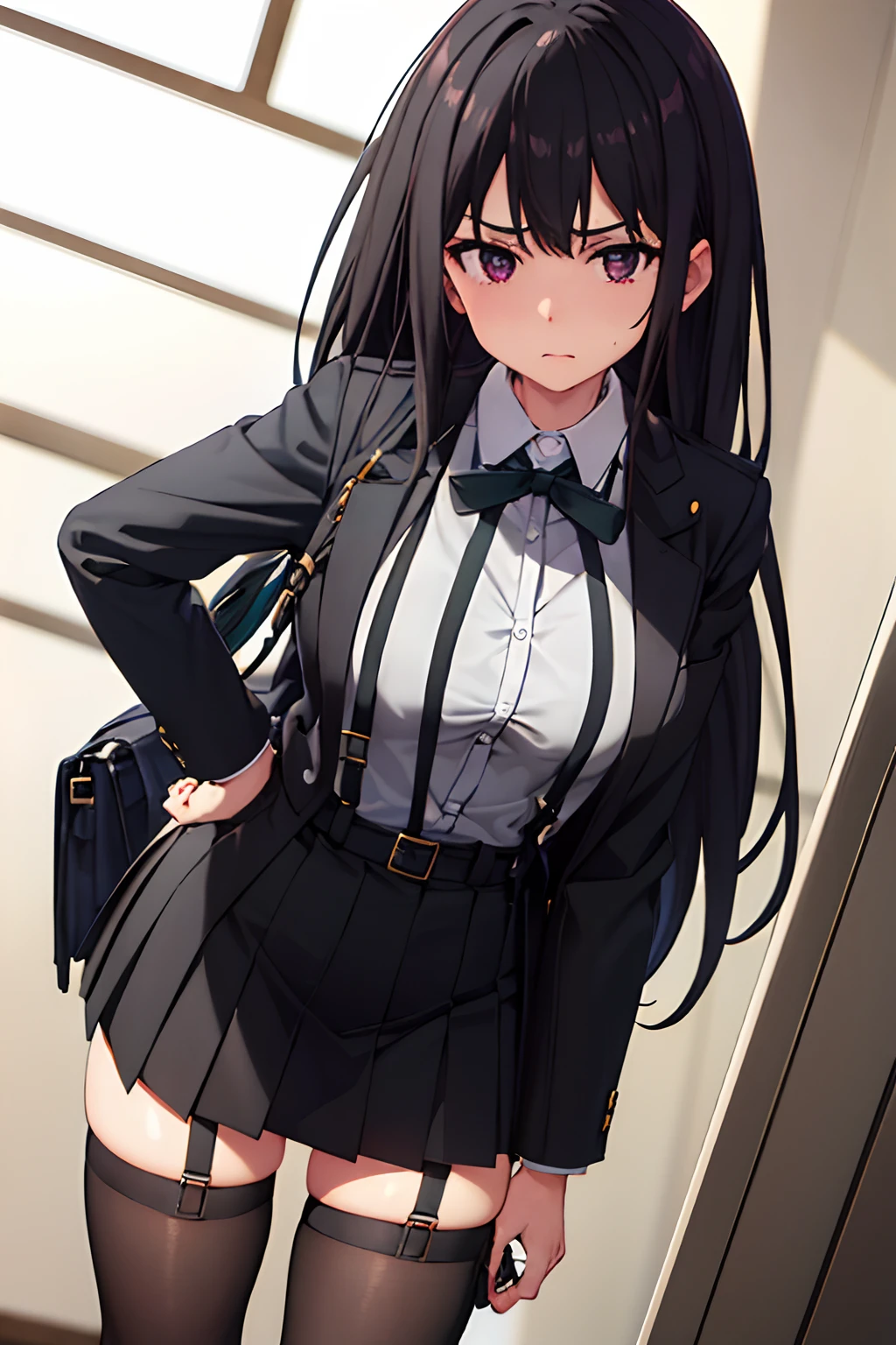 Suit,Collared shirt,Belt bag,Suspenders Black Miniskirt garterbelts knee high Stockings Black Niso Colorcon armpit sweat perspiring Side of both hands,Black jacket,Gaze,ample bosom,Armpit sweat,Exposing the armpits"Tight clothes、Cuffed、Wristband Bangs Center Parted masks