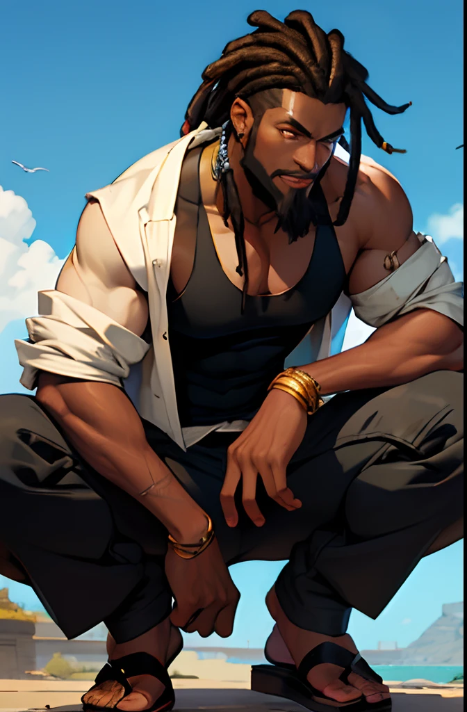 African male. very dark skin. rough. tough. buff wearing white tank top, black noragi jacket, black pants and flip flops. medium length dreadlocks. beard. gold jewelry. amber eyes.