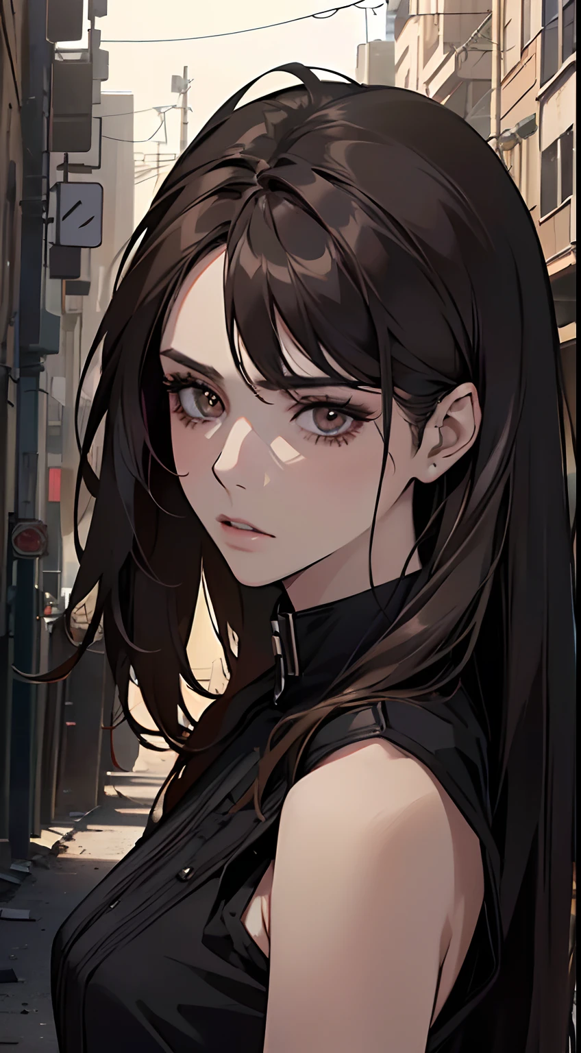 (masterpiece best quality ultra detailed 8K photorealistic dark dystopian setting realistic lighting Manhwa art 1:2 image 1.2 HDR) (a twenty-eight year old woman) (very beautiful face, perfect lines, brown eyes, long hair, movement) (using black clothes, walking, chaotic, dystopia)