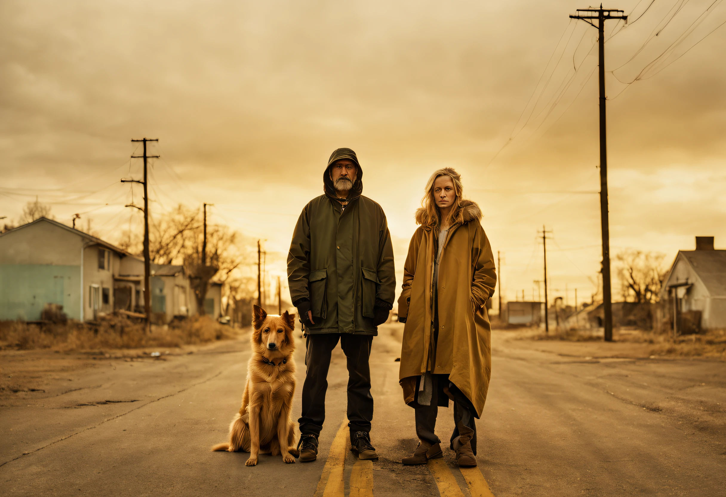 ((warped distortions, conceptual photography, individuals and abstract forms in tandem)), a couple of  homeless standing with a dog, ((Todd Hido style)), stark minimalism, backlit lighting, warm color tones, pointofview, futurism, mixed media, sharp details, shot on Hasselblad H6D400c with prime lens, rhythm, harmony, symmetry, saturation, sharpness, timelapse, HDR photography, Masterpiece, good composition, best quality, 8K, high res, ultra-detailed, cinematic look
