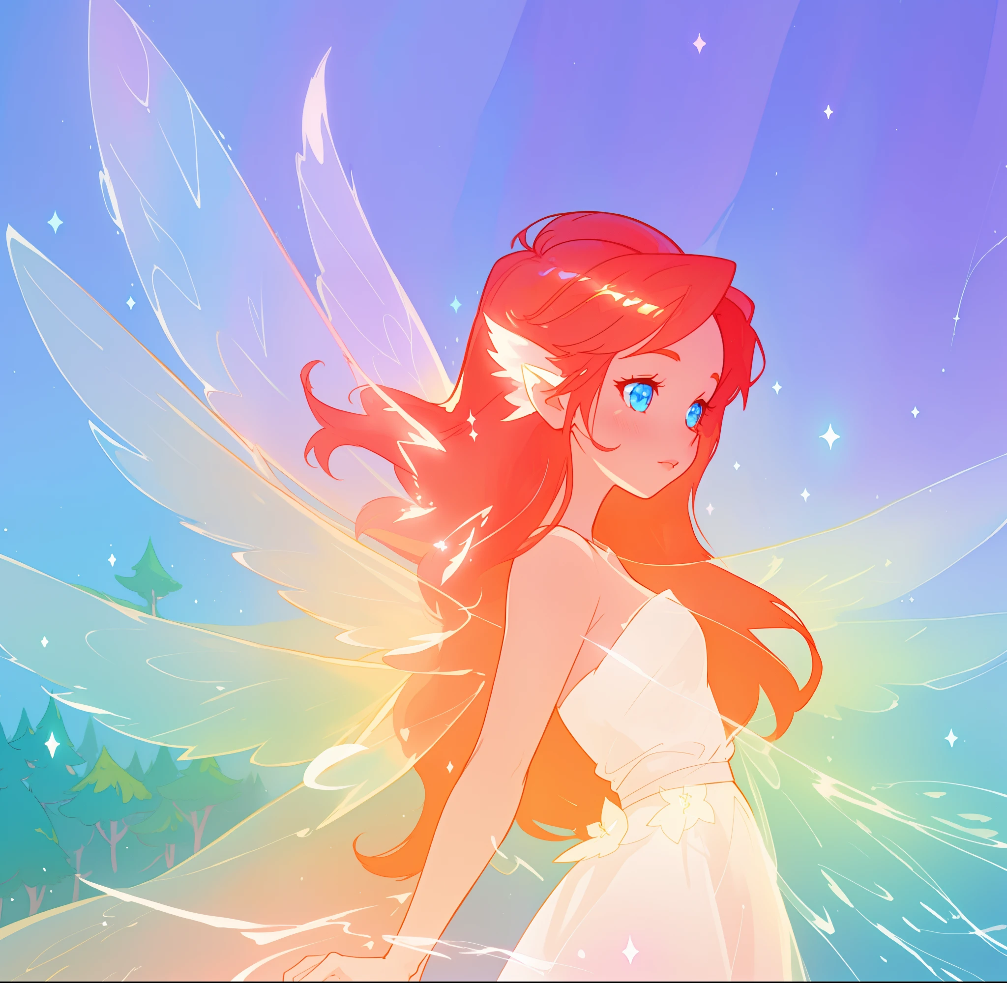 beautiful fairy girl in flowing white dress, fairy dress, fairy queen, (glowing fairy wings), long red hair, sparkling fairy wings, watercolor illustration, inspired by Glen Keane, inspired by Lois van Baarle, disney art style, by Lois van Baarle, glowing aura around her, by Glen Keane, jen bartel, glowing lights! digital painting, flowing glowing hair, glowing flowing hair, beautiful digital illustration, fantasia otherworldly landscape plants flowers, beautiful, masterpiece, best quality, anime disney style