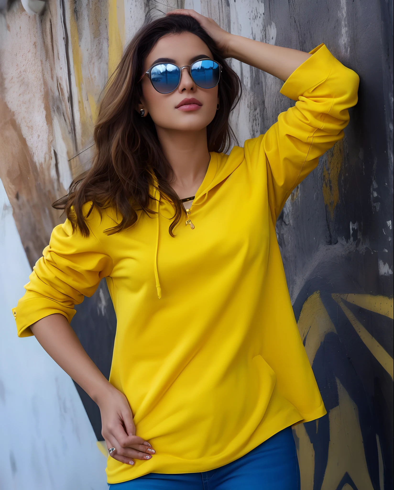 Araffe mulher em capuz amarelo e jeans azul encostado em uma parede, usando um capuz amarelo, amarelo brilhante, Roupas amarelas, Hodie Mihi Cras Tibi, (((amarelo))), mulher amarela bonita, tonalidade amarela, amarelo, 3 4 5 3 1, cores amarelas, hansa amarelo, Ekaterina, usando um capuz oversized, Yelow, estilo brilhante