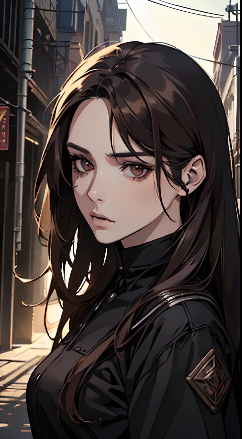 (masterpiece best quality ultra detailed photorealistic dark apocalyptic setting realistic lighting Manhwa art 1:2 image 1.2 HDR) (a twenty-eight year old woman) (very beautiful face, perfect lines, brown eyes, long hair, movement) (wearing clothes black, walking)