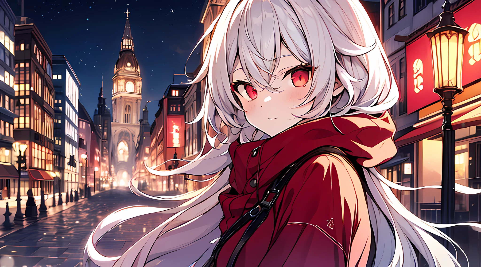 eirudy_\(springwitch3\),masterpiece,1girl,red ruby eyes,wearing hoodies,city,winter snow,night,absurdres,high res, ultrasharp, 8K, masterpiece, looking at viewer