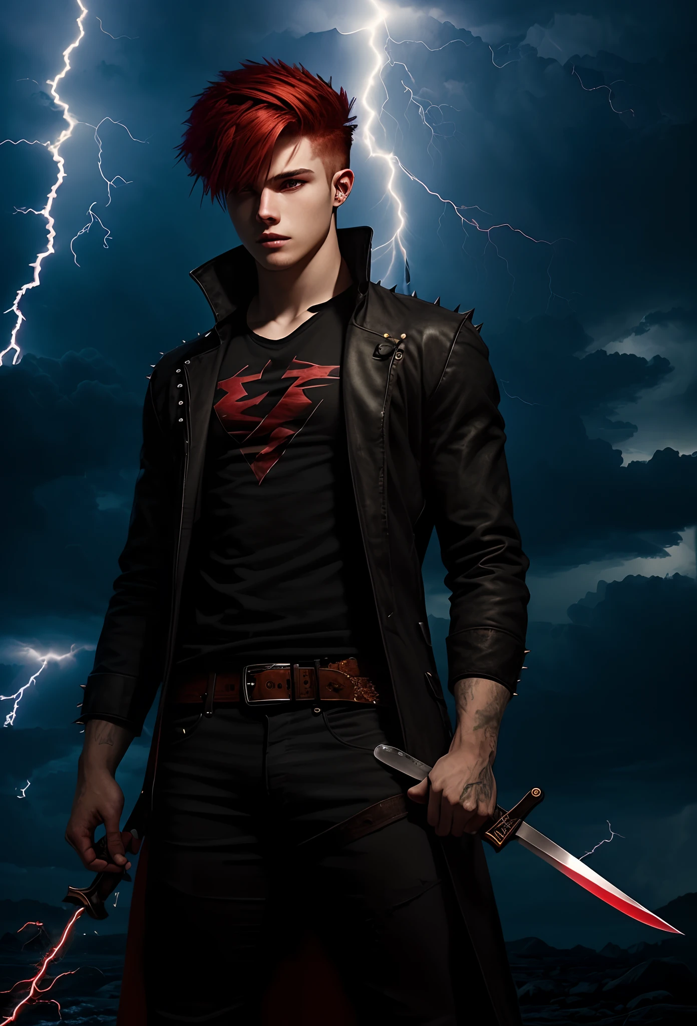 A young man with knifes on his side with spikey red hair with an lightning bolt in his hair