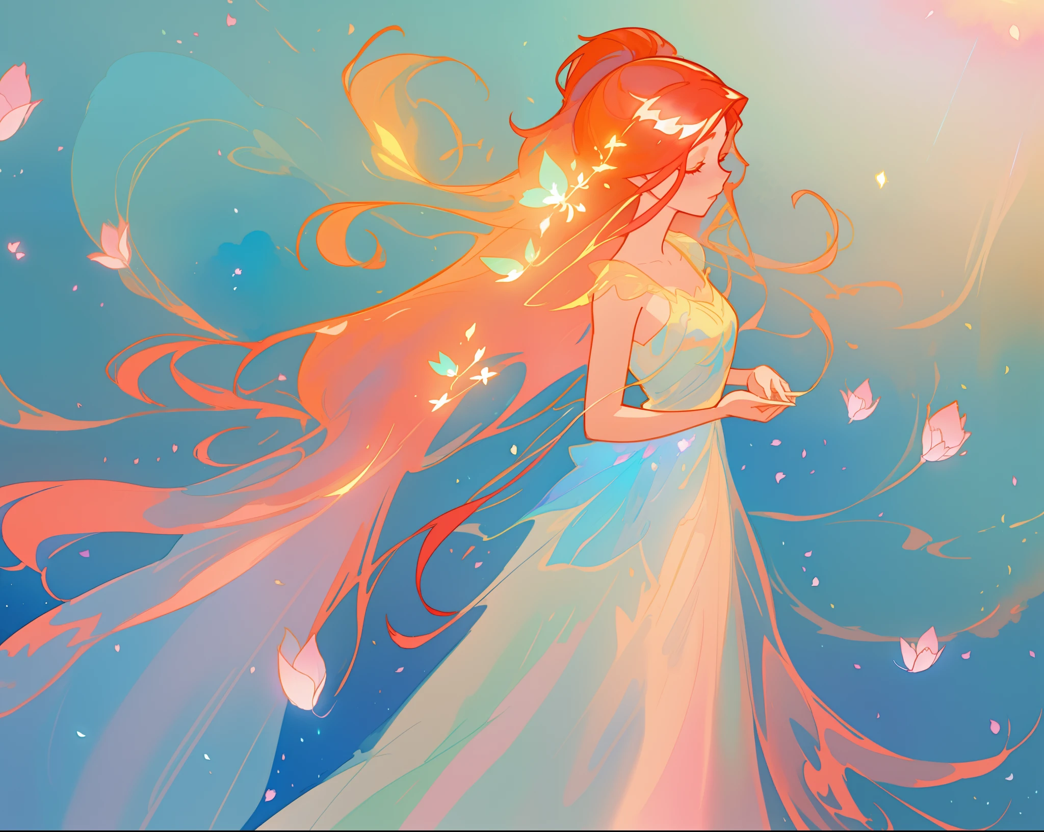 beautiful girl in flowing shimmering dress, fairy dress, long red hair, magical, whimsical, watercolor illustration, flowers and colorful plants, inspired by Glen Keane, inspired by Lois van Baarle, disney art style, by Lois van Baarle, glowing aura around her, by Glen Keane, jen bartel, glowing lights! digital painting, flowing glowing hair, glowing flowing hair, beautiful digital illustration, fantasia otherworldly landscape plants flowers, beautiful, masterpiece, best quality, anime disney style