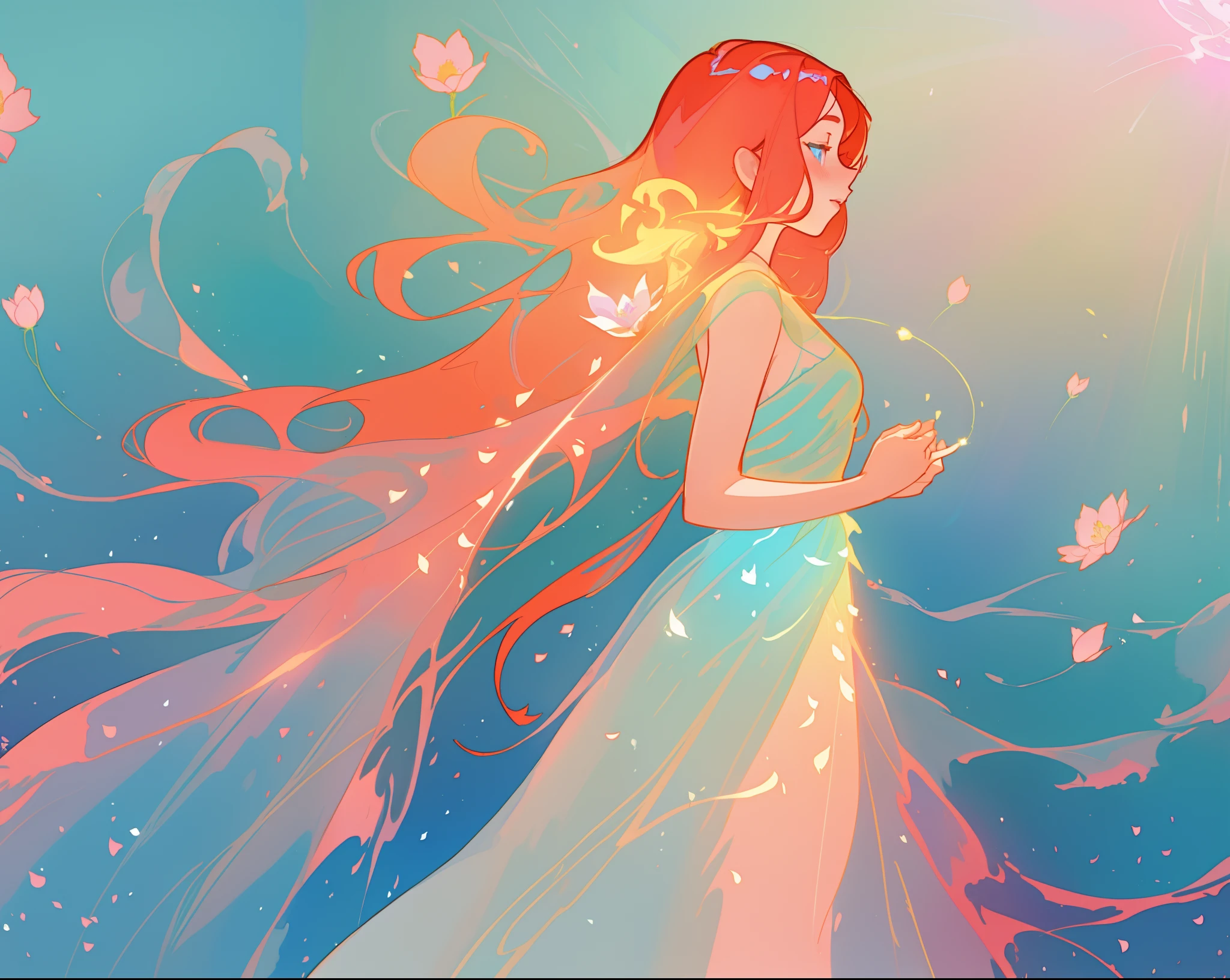 beautiful girl in flowing shimmering dress, fairy dress, long red hair, magical, whimsical, watercolor illustration, flowers and colorful plants, inspired by Glen Keane, inspired by Lois van Baarle, disney art style, by Lois van Baarle, glowing aura around her, by Glen Keane, jen bartel, glowing lights! digital painting, flowing glowing hair, glowing flowing hair, beautiful digital illustration, fantasia otherworldly landscape plants flowers, beautiful, masterpiece, best quality, anime disney style
