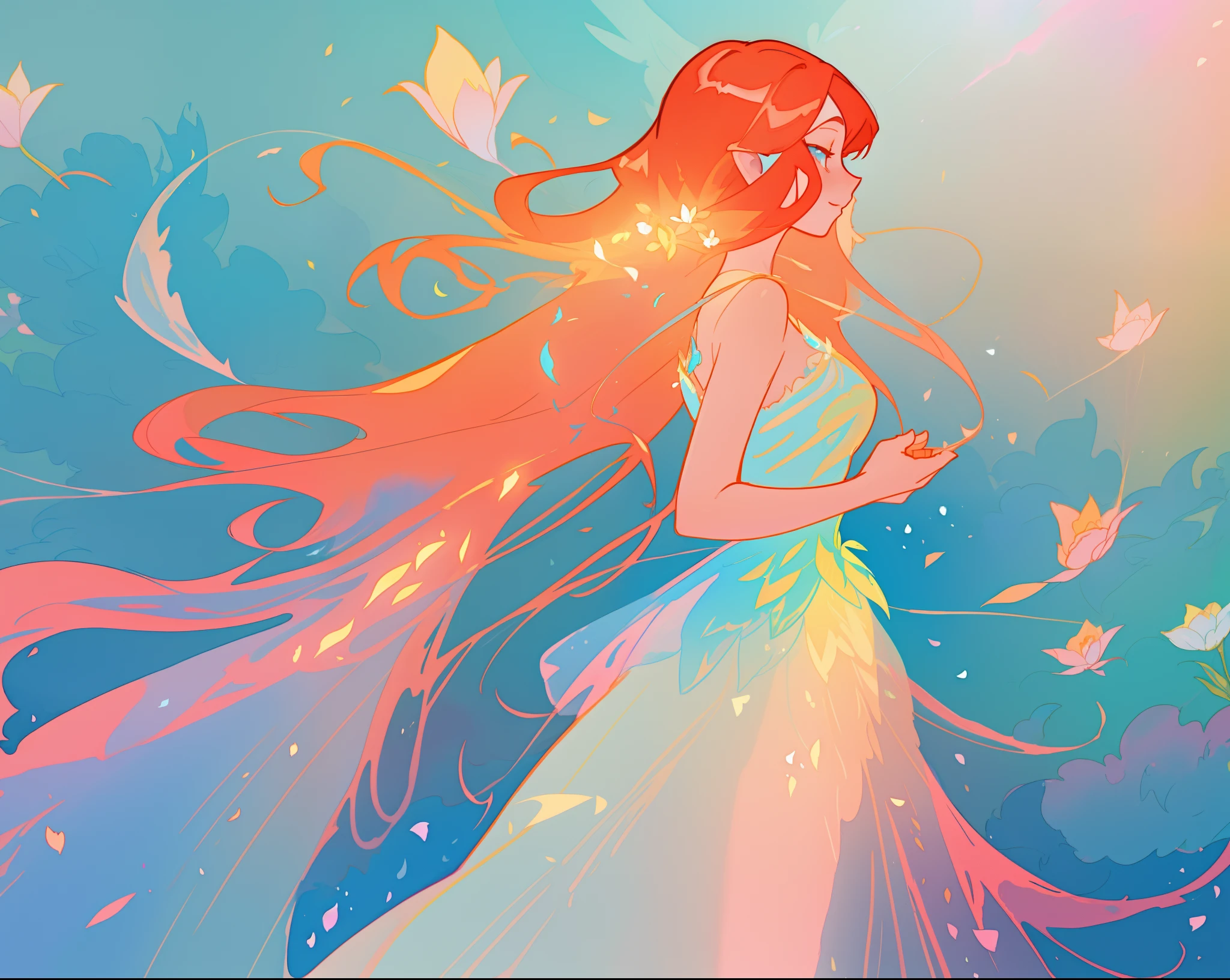 beautiful girl in flowing shimmering dress, fairy dress, long red hair, magical, whimsical, watercolor illustration, flowers and colorful plants, inspired by Glen Keane, inspired by Lois van Baarle, disney art style, by Lois van Baarle, glowing aura around her, by Glen Keane, jen bartel, glowing lights! digital painting, flowing glowing hair, glowing flowing hair, beautiful digital illustration, fantasia otherworldly landscape plants flowers, beautiful, masterpiece, best quality, anime disney style