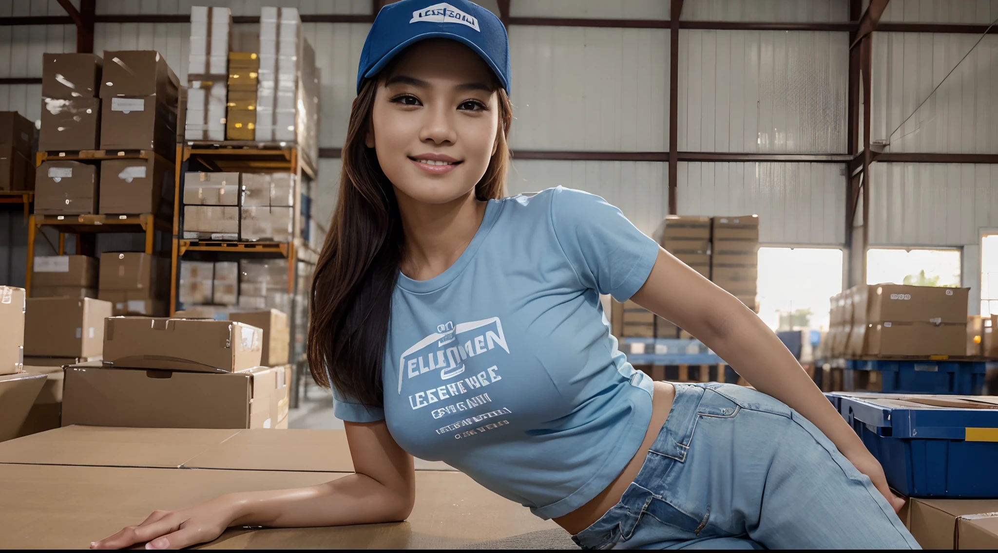 Slender Asian Girl, ((ecommerce)), ((Top Quality, 8K, Masterpiece: 1.3)), foco nítido: 1.2, a beautiful woman with perfect figure: 1.4, The face and skin texture are delicately depicted, Detailed Eyes, skiny, beautifull face, symmetrical face, full-length, wearing plain blue t shirt, wearing plain yellow trucker cap, Gravure pose, warehouse background, ecommerce, filipina, pinay, warehouse background, ecommerce, smiling, happy, pinay, filipina, filipino women, frontal lighting, wearing blue jeans