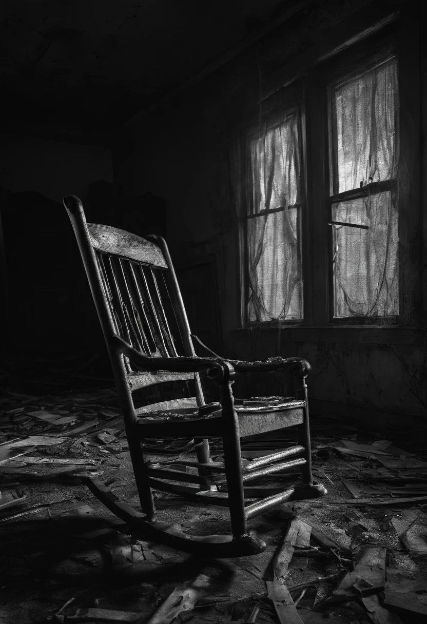 a broken rocking chair in an abandoned house