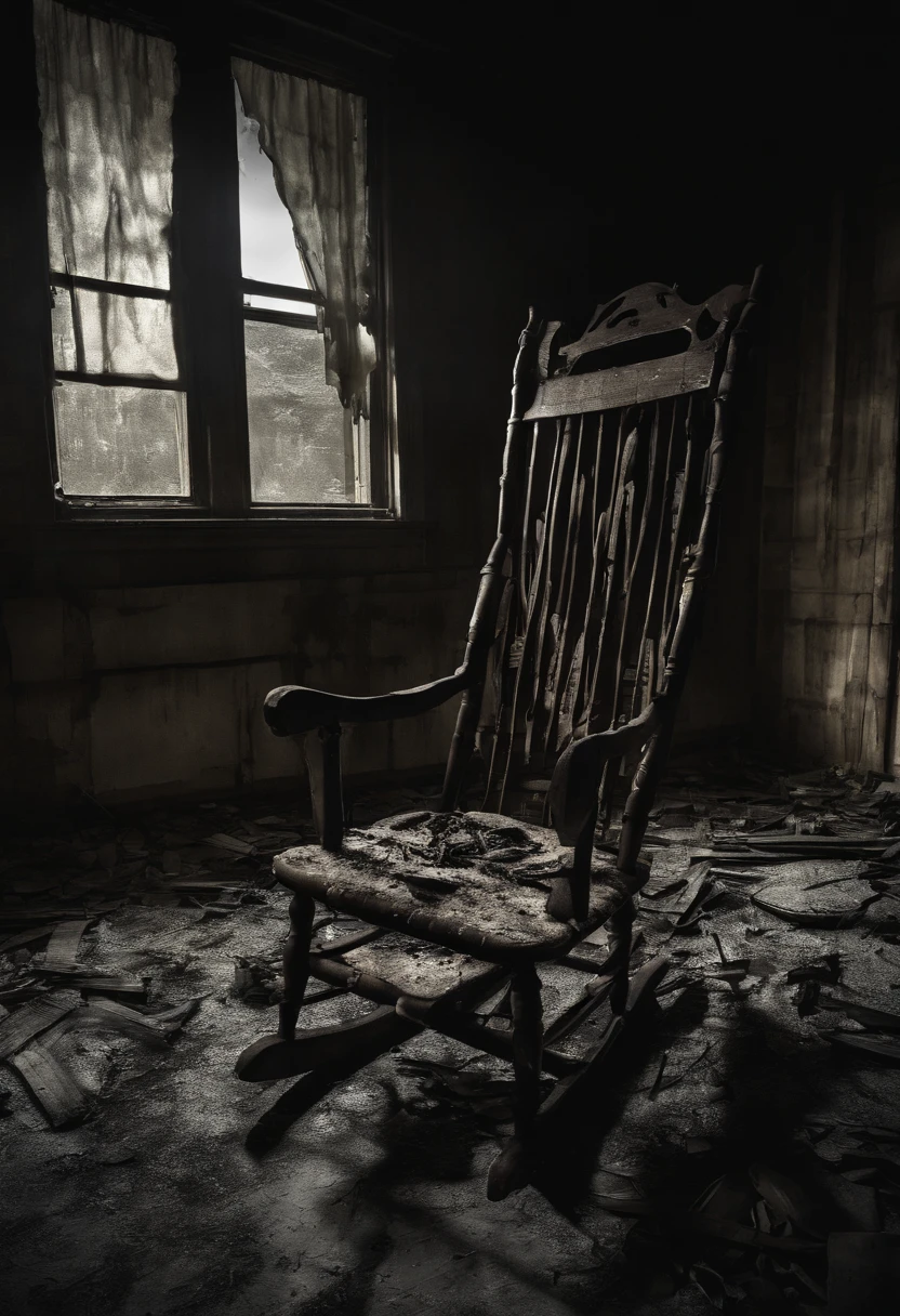 a broken rocking chair in an abandoned house
