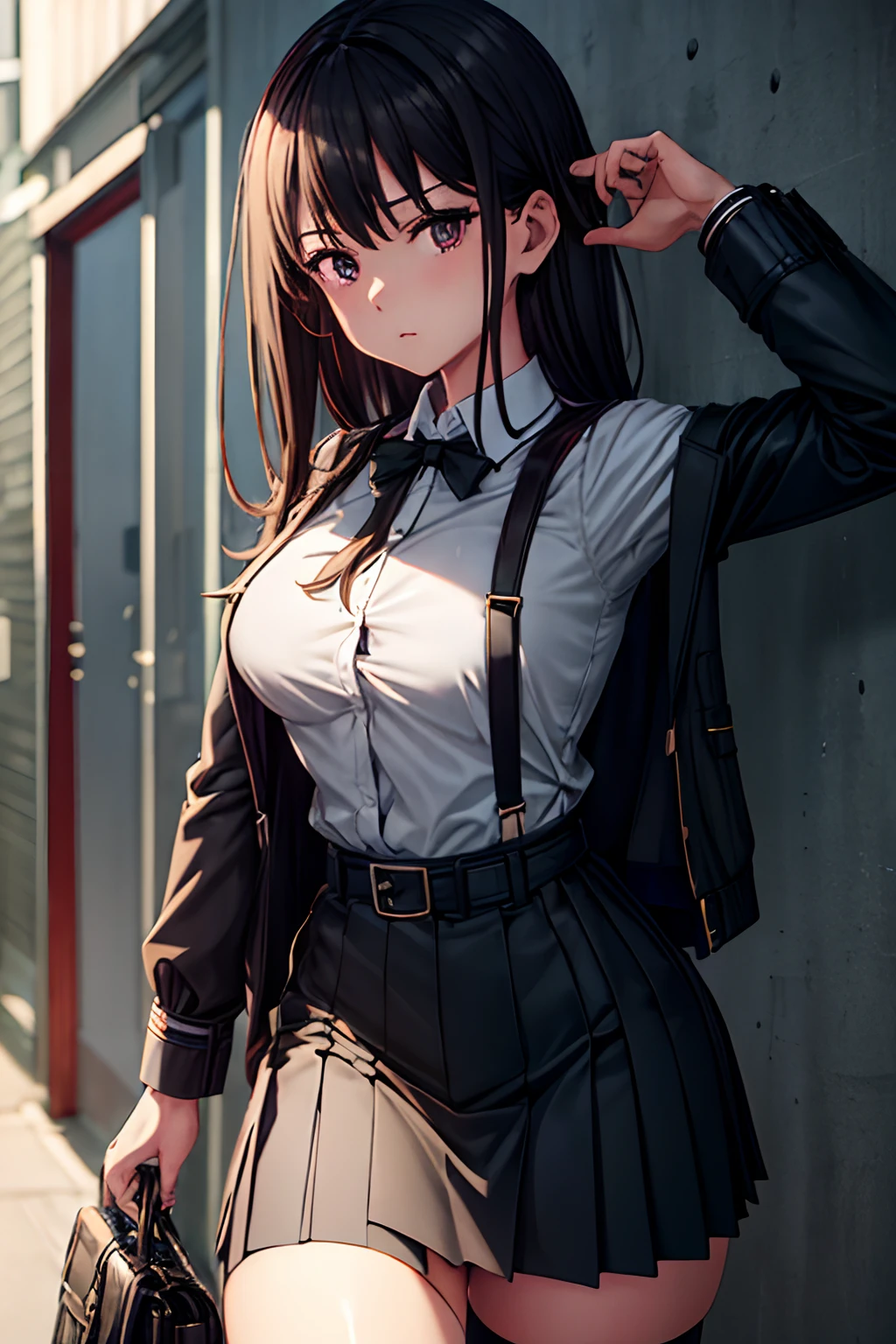 Suit,Collared shirt,Belt bag,Suspenders Black Miniskirt garterbelts knee high Stockings Black Niso Colorcon armpit sweat perspiring Side of both hands,Black jacket,Gaze,ample bosom,Armpit sweat,Exposing the armpits"Tight clothes、Cuffed、Wristband Bangs Center Parted masks