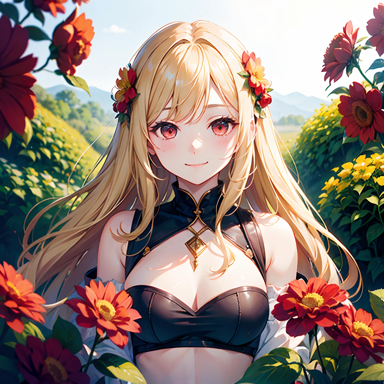 1 Wavy blonde girl、red eyes、off shoulders、Surrounded by flowers、a smile