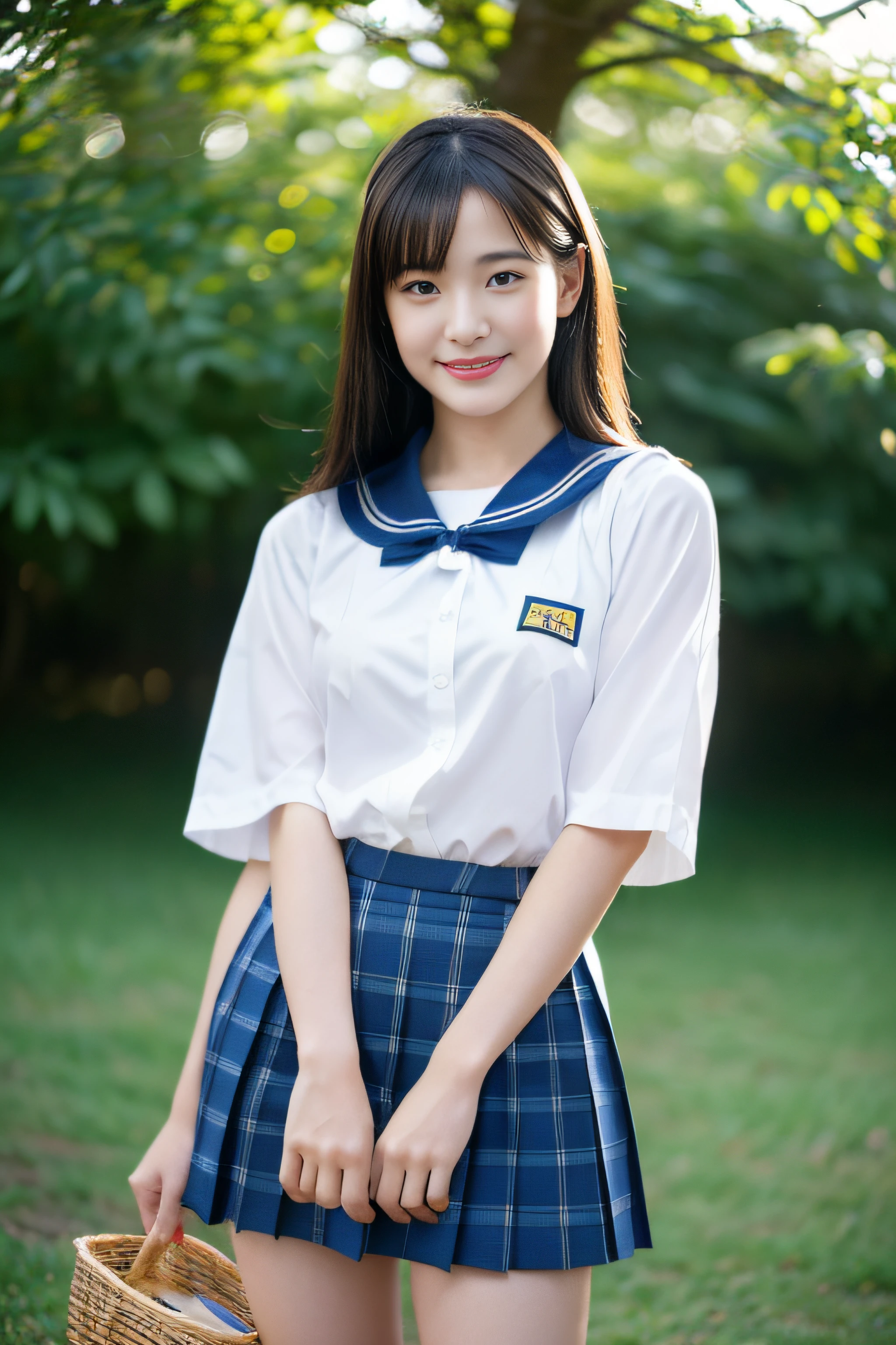 (((full bodyesbian)))、((Girls' High School Uniforms))、((1a person))、ponytail、short-hair、Close to the subject、((a school flower beds)))、(((ssmile)))、(((Girls' High School)))、((a beauty girl))、((sexy pose))、Photorealsitic、Beautiful detailed eyes、Hyper-Realism、highcontrast、Ultra HD、realistic skin textures、Top image quality、top-quality、超A high resolution、Fine details、Very meticulously、well-endowed round bosom