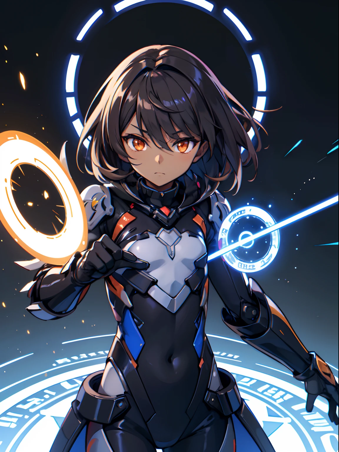 Masterpiece, highres, Honkai impact 3, herrscher sirin, dark skin, medium hair, dark brown hair, shota, (flat chest), orange eyes, long black and blue magical girl exosuit clothing, bodysuit, long black  trenchcoat, black mecha armour attachment, purple energy, magic circle, close