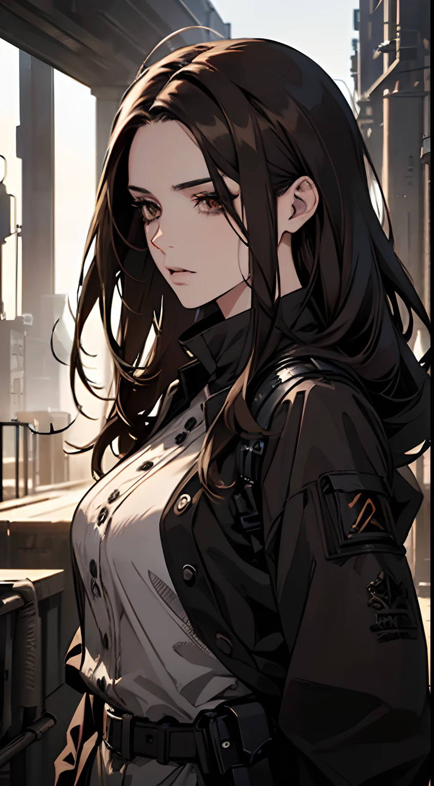 (masterpiece best quality ultra detailed photorealistic dark apocalyptic setting realistic lighting Manhwa art 1:2 image 1.2 HDR) (a twenty-eight year old woman) (very beautiful face, perfect lines, brown eyes, long hair, movement) (wearing clothes black, walking)