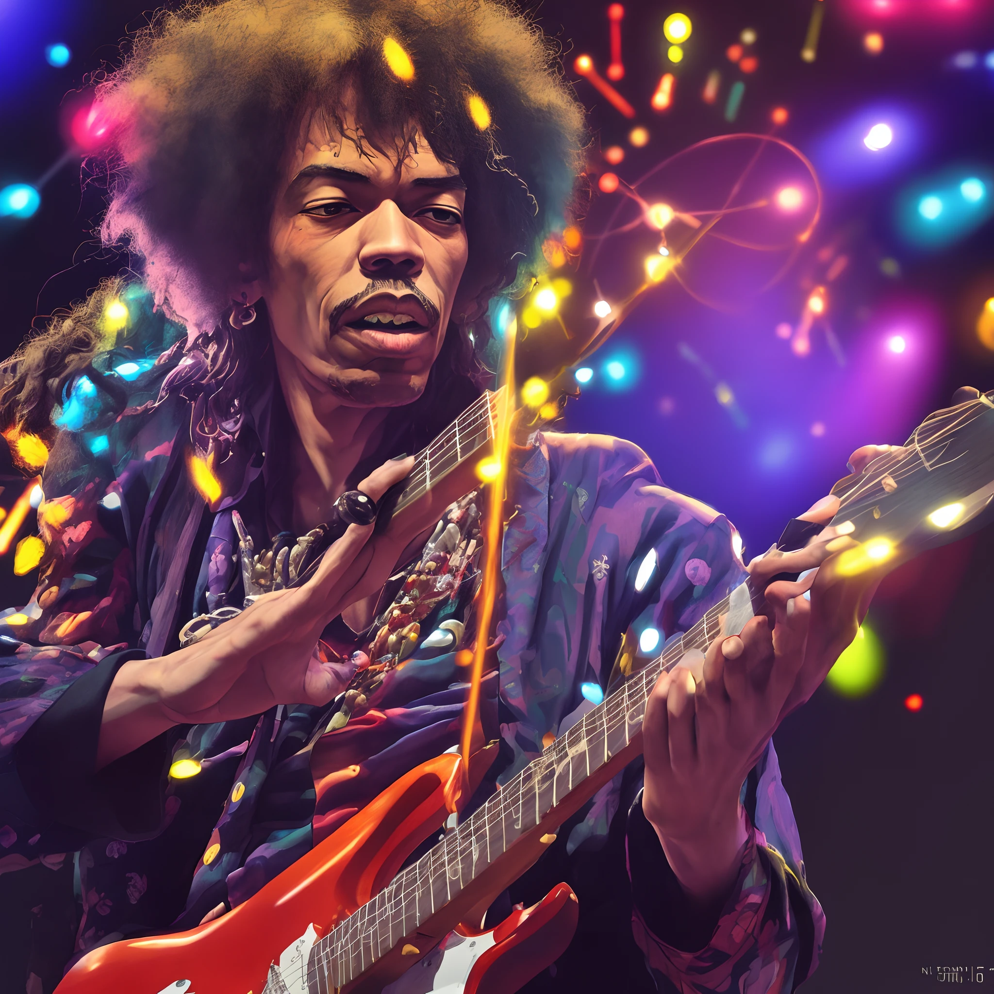 close-up Jimi Hendrix, kinetic lighting, dynamic light patterns, moving lights, immersive illumination, synchronized lighting, LED lighting, concert lighting, theatrical lighting, artistic lighting, dynamic lighting, light show, visual spectacle --ar 3:4 --niji 5