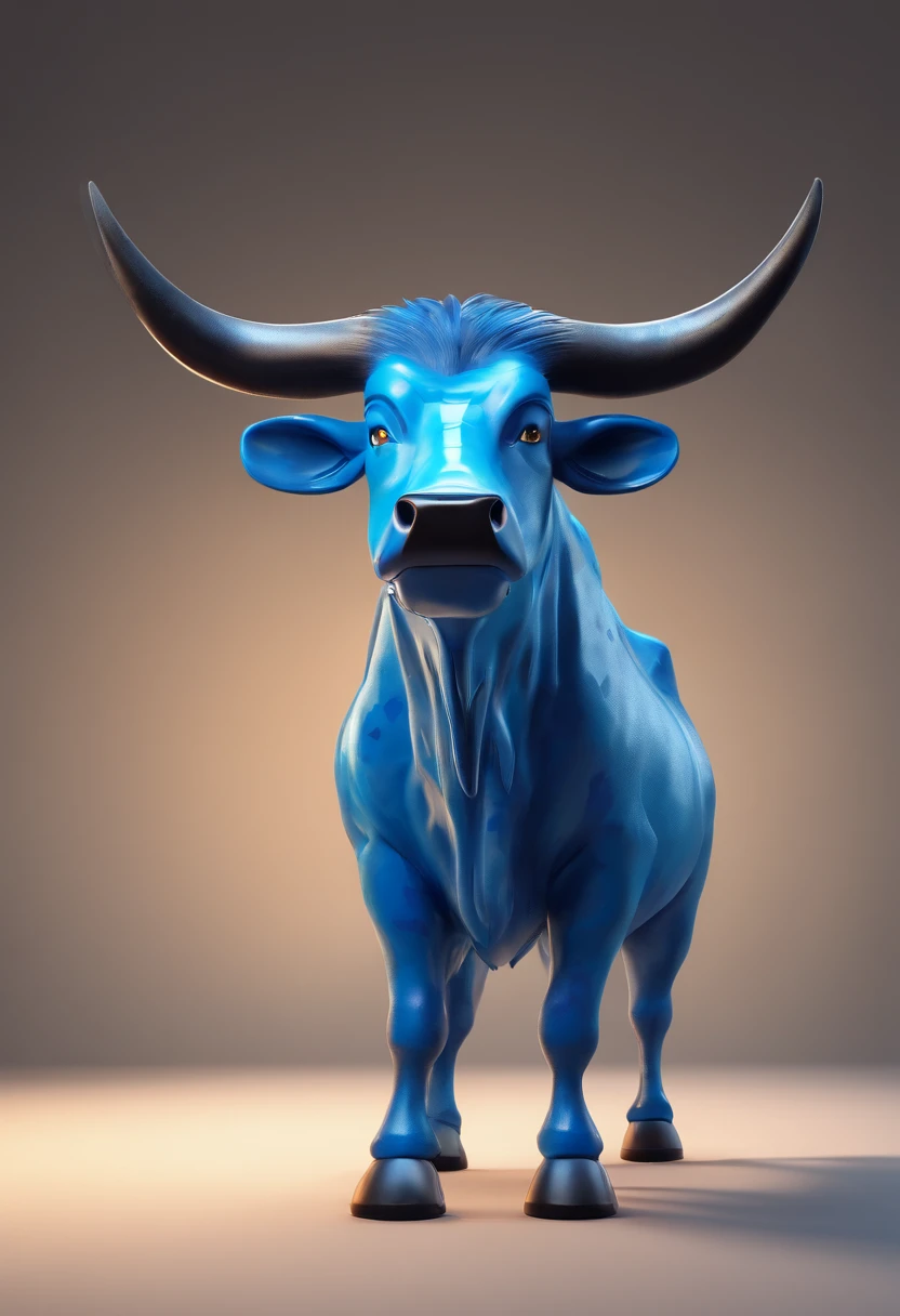 A blue ox that walks upright. It has a black body with blue spots. It has horns and a long tail, style disney