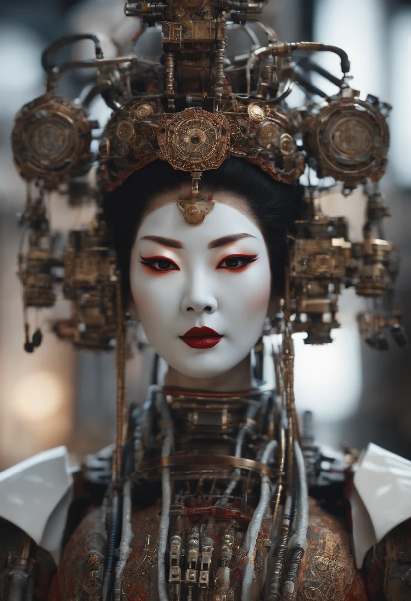 portrait of a slightly rusty japanese robotic geisha with wires and actuators, porcelain white face, dramatic lighting, hyper - realistic, ultra - realistic, intricate details, 8 k ultra high definition, octane render