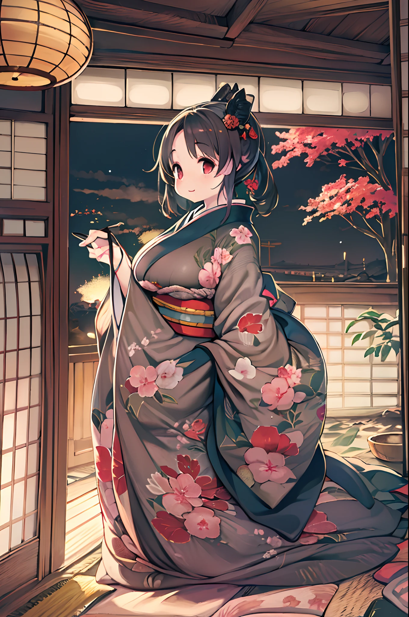 (8K, Best Quality, masutepiece, Ultra high definition: 1.2),Kimono,traditional Japanese room,Hakama,fullllbody、huge-breasted、bbw、BBW、Anime style、Chubby