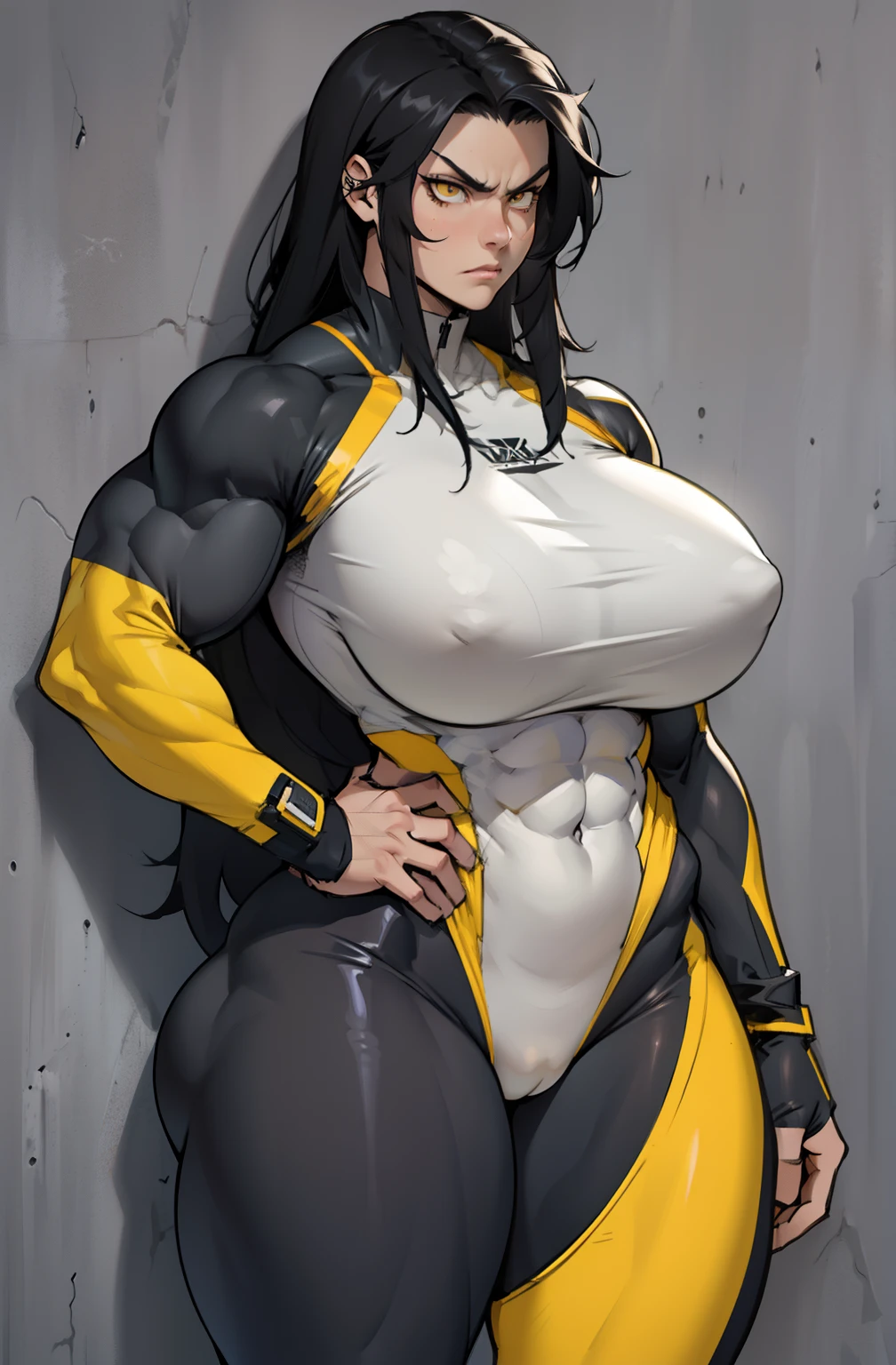 ((grey background)) solo, ((1 girl)), very long hair, black hair, angry, yellow eyes, ((((muscular)))), ((huge tits)), ((thick thighs)), ((wide hips)), (cowboy shot), pale skin, standing, toned body, against wall, tight suit