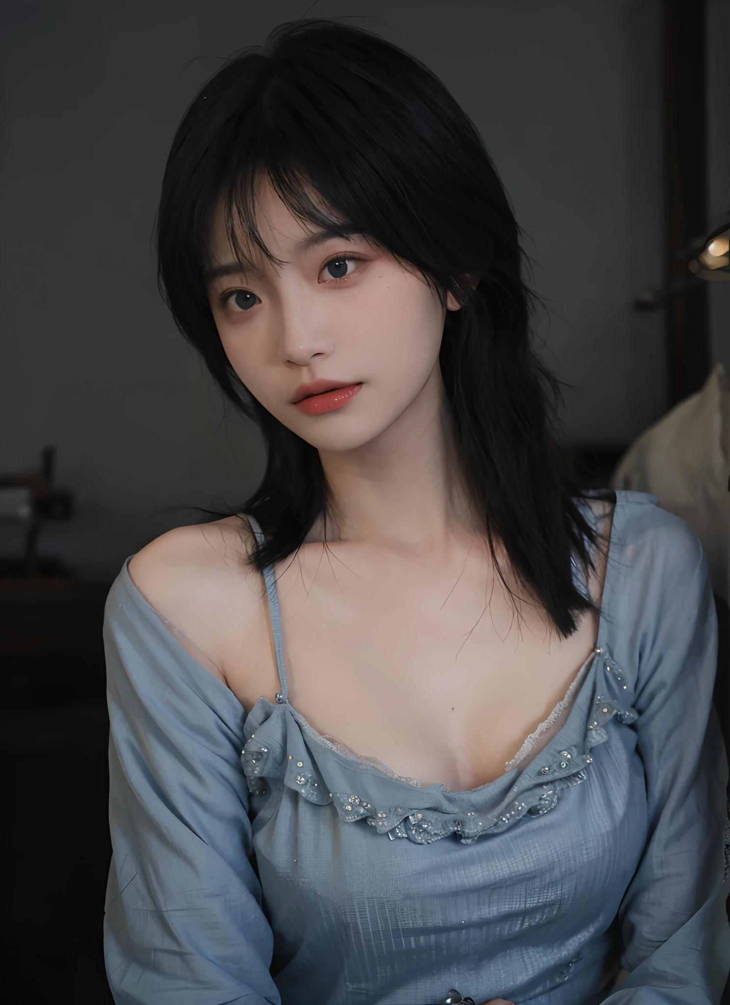 best qualtiy, 超高分辨率, (realisticlying:1.4), one-girl, A pair of clear and moving eyes,Royal Sister,a blue dress, (big cleavage breasts:1.2), looking at viewert, closeup cleavage ,