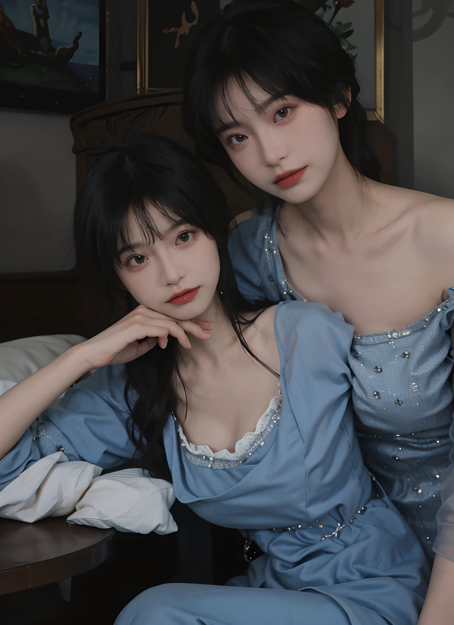 best qualtiy, 超高分辨率, (realisticlying:1.4), one-girl, A pair of clear and moving eyes,Royal Sister,a blue dress, (big cleavage breasts:1.2), looking at viewert, closeup cleavage ,