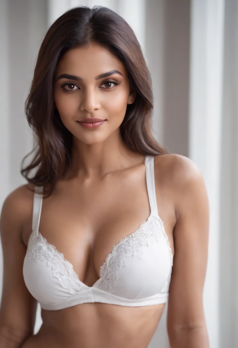 Dark skinned Indian woman,White yoga pants,looking at viewer,Hairstyles,Cafe,Brown eyes,Realistic,Very big chest,Super big breasts,((gigantic cleavage breasts:1.3))smile,low chest,White bra,luxury bedroom