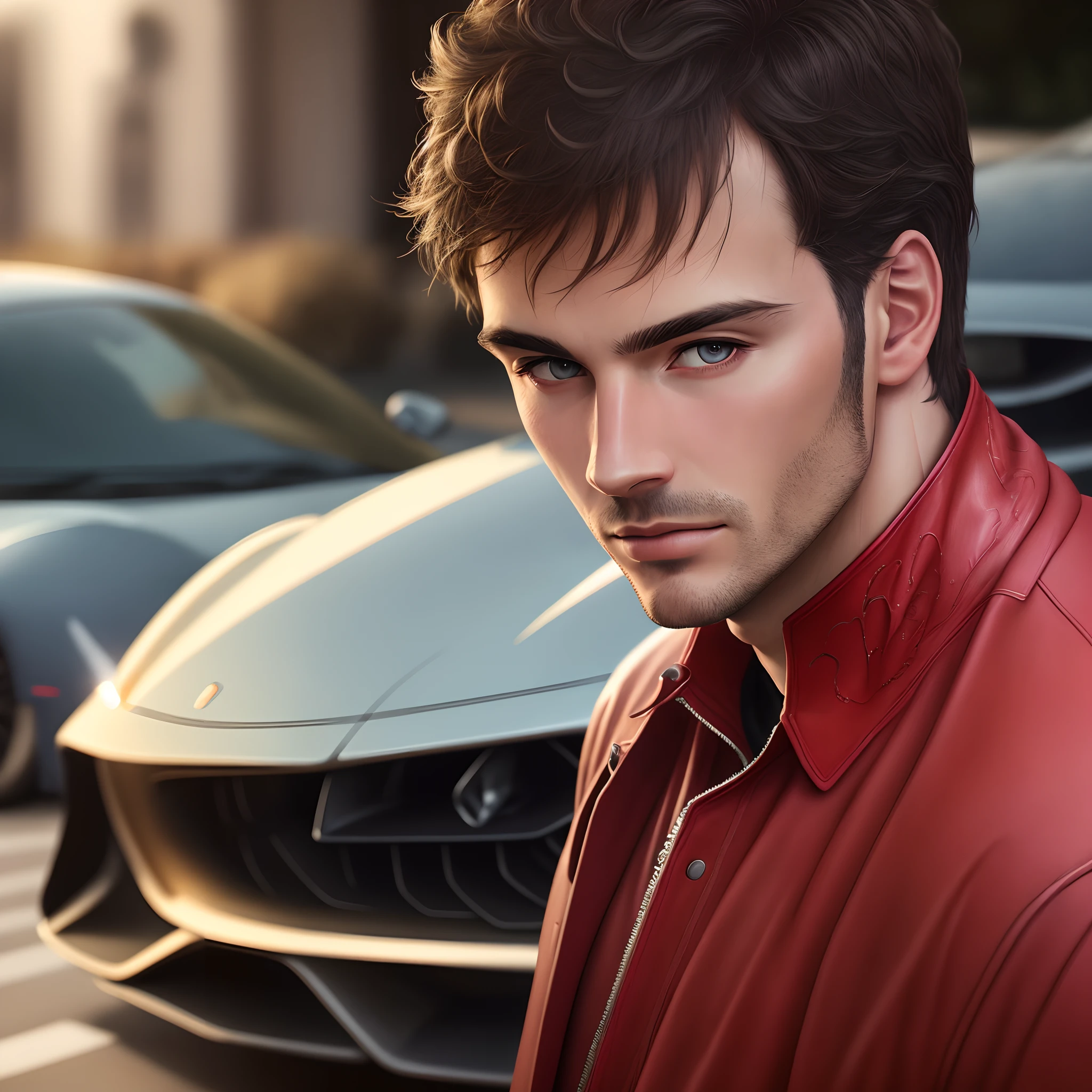 Man close to his Ferrari, photorealistic, ultra realistic photo, 9:16 portrait format, soft lighting