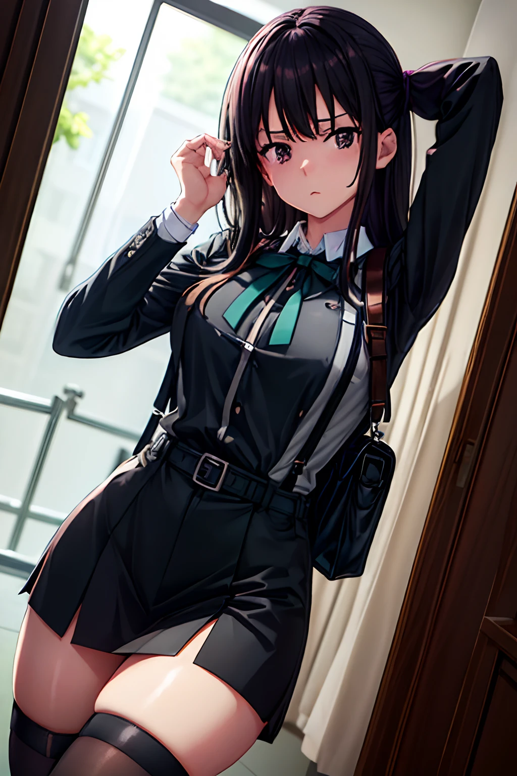 Suit,Collared shirt,Belt bag,Suspenders Black Miniskirt garterbelts knee high Stockings Black Niso Colorcon armpit sweat perspiring Side of both hands,Black jacket,Gaze,ample bosom,Armpit sweat,Exposing the armpits"Tight clothes、Cuffed、Wristband Bangs Center Parted masks