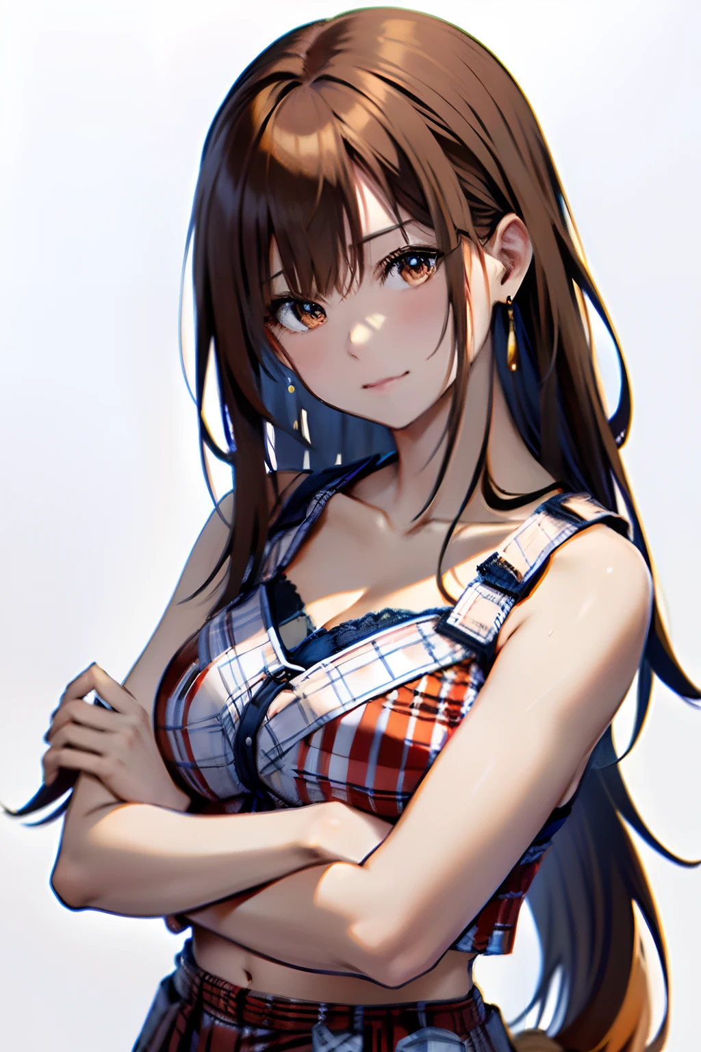 The upper part of the body、an oil painting、masterpiece、Ink painting style、top-quality、hight resolution、Orange long hair、Orange long hair、(((White and blue plaid bra)))、(((White and blue gingham plaid)))、The upper part of the body、Female face、Embarrassed face、sweat-wet skin、The background is all white、side poneyTail、((Side tail hair))、Arms folded in front of the chest、I'm embarrassed