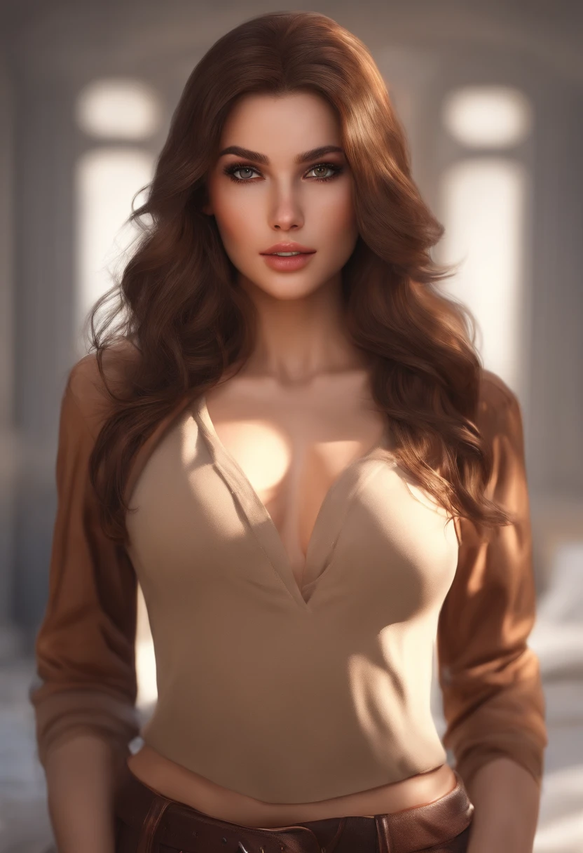 best quality, works, (realistic: 1,2), 1 girl, brown hair, brown eyes, Front, detailed face, beautiful eyes with g Cup flat stomach