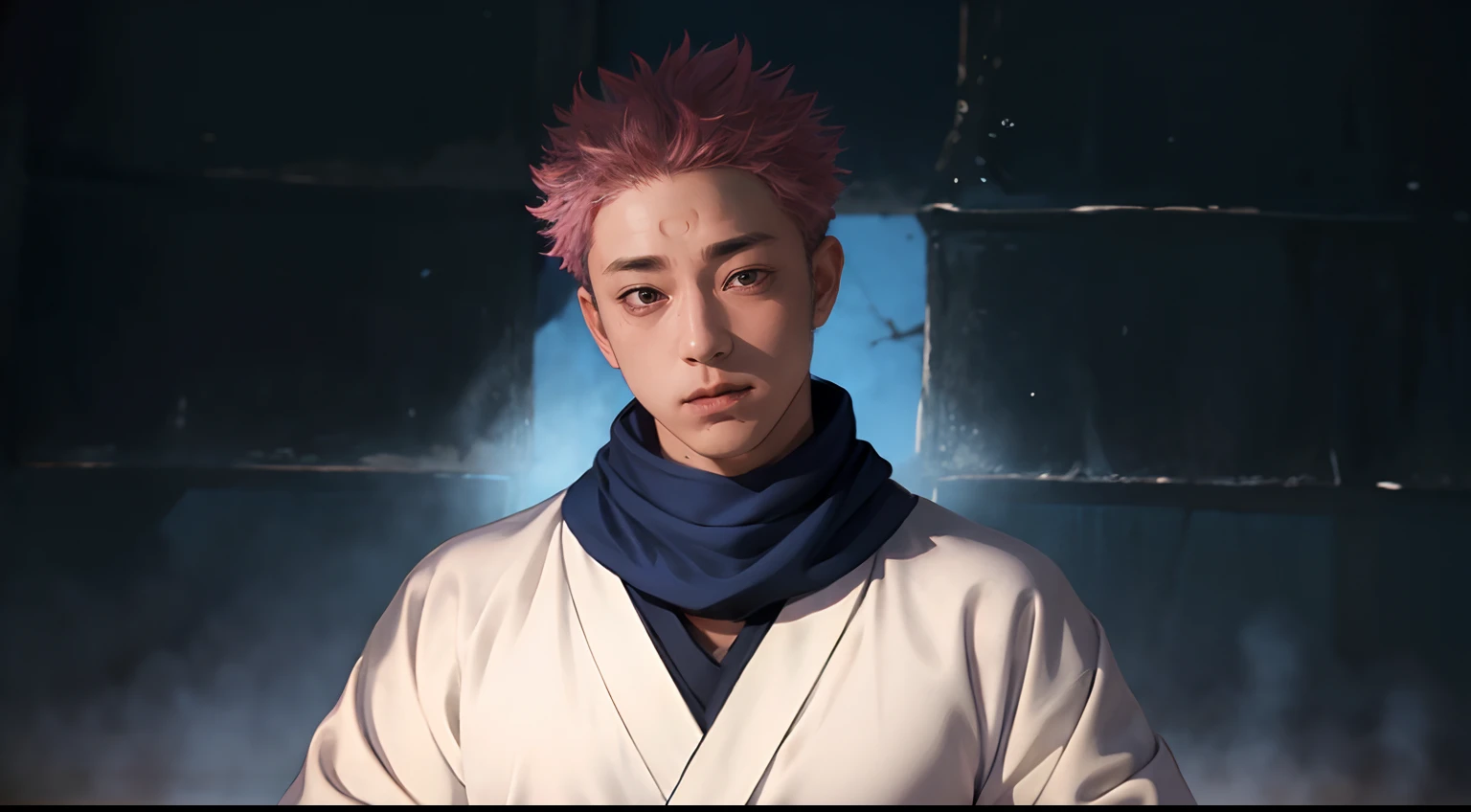 RyomenSukuna,1man, blue scarf, japanese clothes, white kimono, wide sleeves, long sleeves, obi, tabi, zouri, upper body, ((solo)), 1man, detailed face, intricate eyes, film grain, realistic