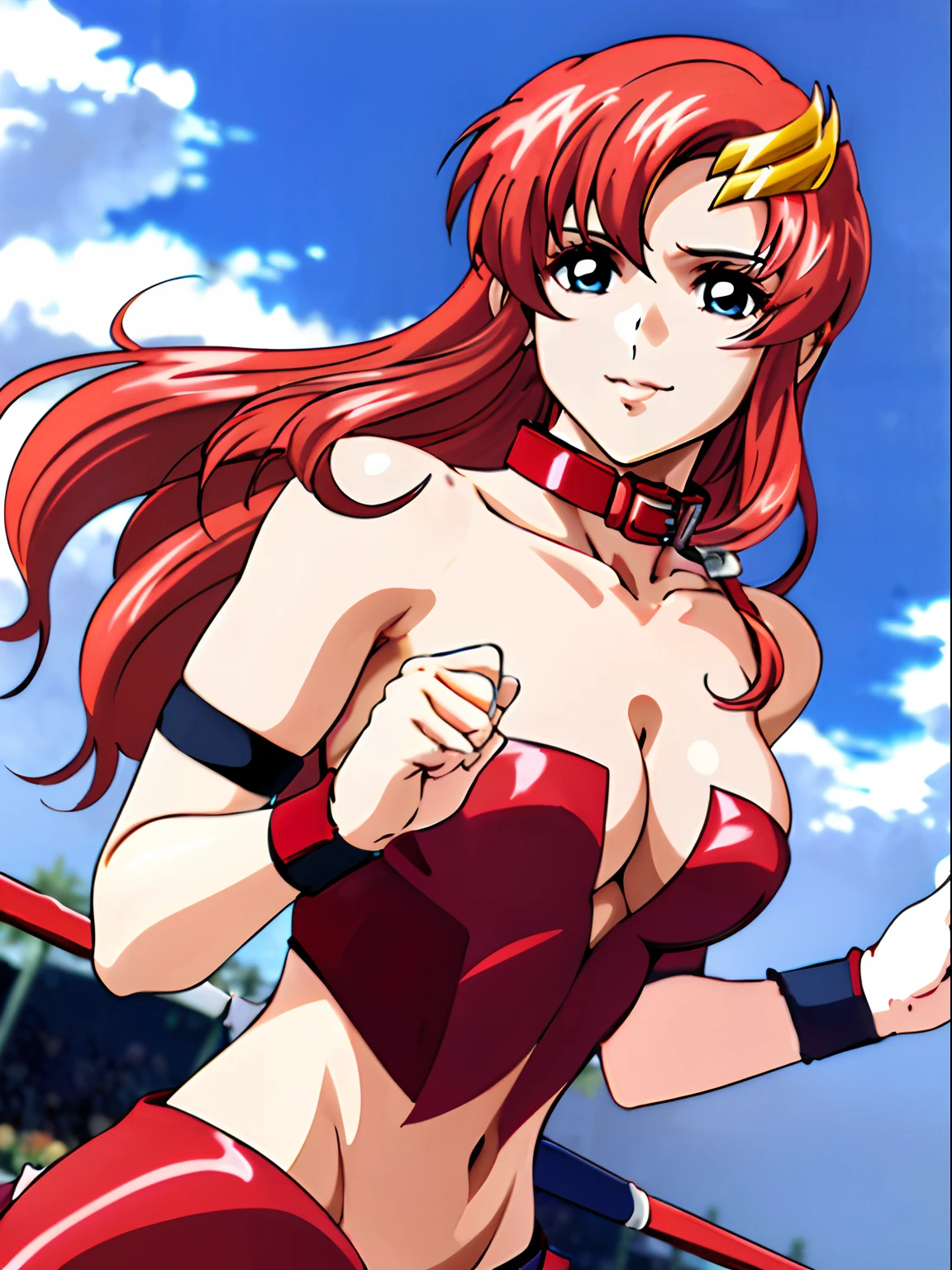 (((red strapless wrestling outfit, collar, red boots))), (upper body view, masterpiece, big mouth, 4K, Best Quality, Anime style: 1.9,, Adult Woman, (cloud background), Drawing lines, Anime, lacus4), 1girl, Solo, , Long hair, 鎖骨, scapular, (wide bangs, missy hair, floating hair, Hair Ornament, Detailed reddish-pink hair, golden crest), large hands, (). (Big blue eyes), ((little biceps, slender body, hourglass figure, broad shoulders, closed fists)), ((perfect proportions, medium breasts, cleavage, long belly)), (((mini red wrestling outfit))), ( looking at the viewer, smile),