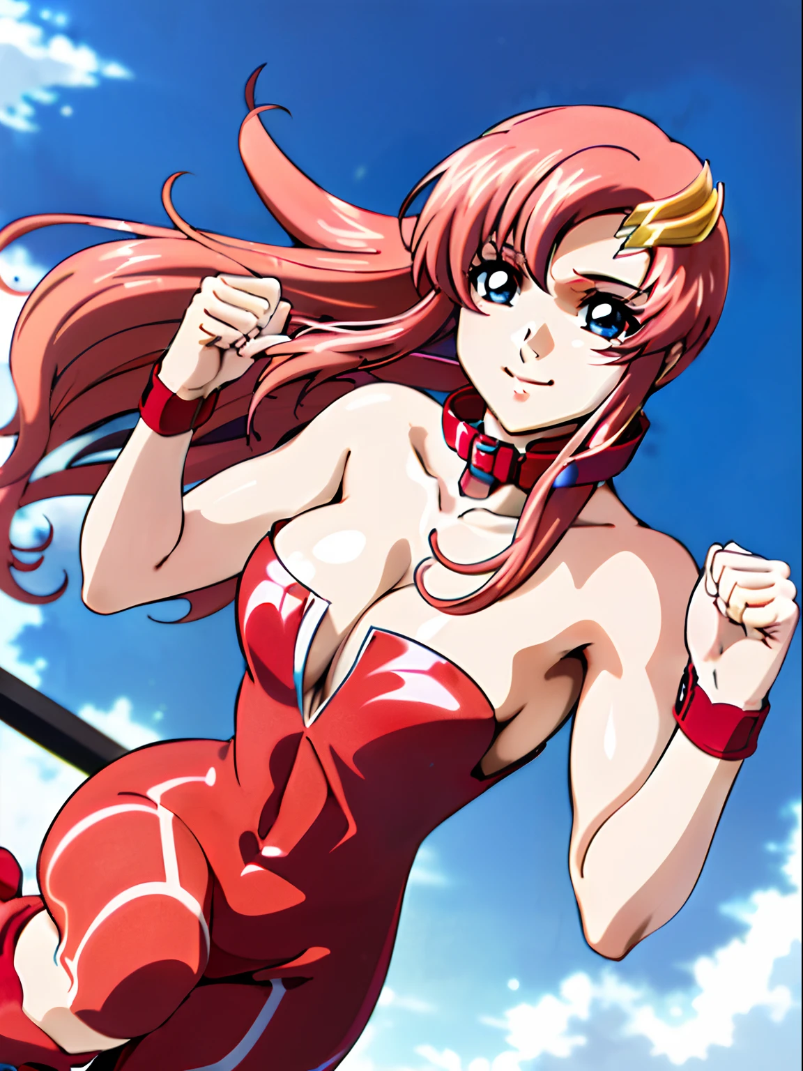(((red strapless wrestling outfit, collar, red boots))), (upper body view, masterpiece, big mouth, 4K, Best Quality, Anime style: 1.9,, Adult Woman, (cloud background), Drawing lines, Anime, lacus4), 1girl, Solo, , Long hair, 鎖骨, scapular, (wide bangs, missy hair, floating hair, Hair Ornament, Detailed reddish-pink hair, golden crest), large hands, (). (Big blue eyes), ((little biceps, slender body, hourglass figure, broad shoulders, closed fists)), ((perfect proportions, medium breasts, cleavage, long belly)), (((mini red wrestling outfit))), ( looking at the viewer, smile),