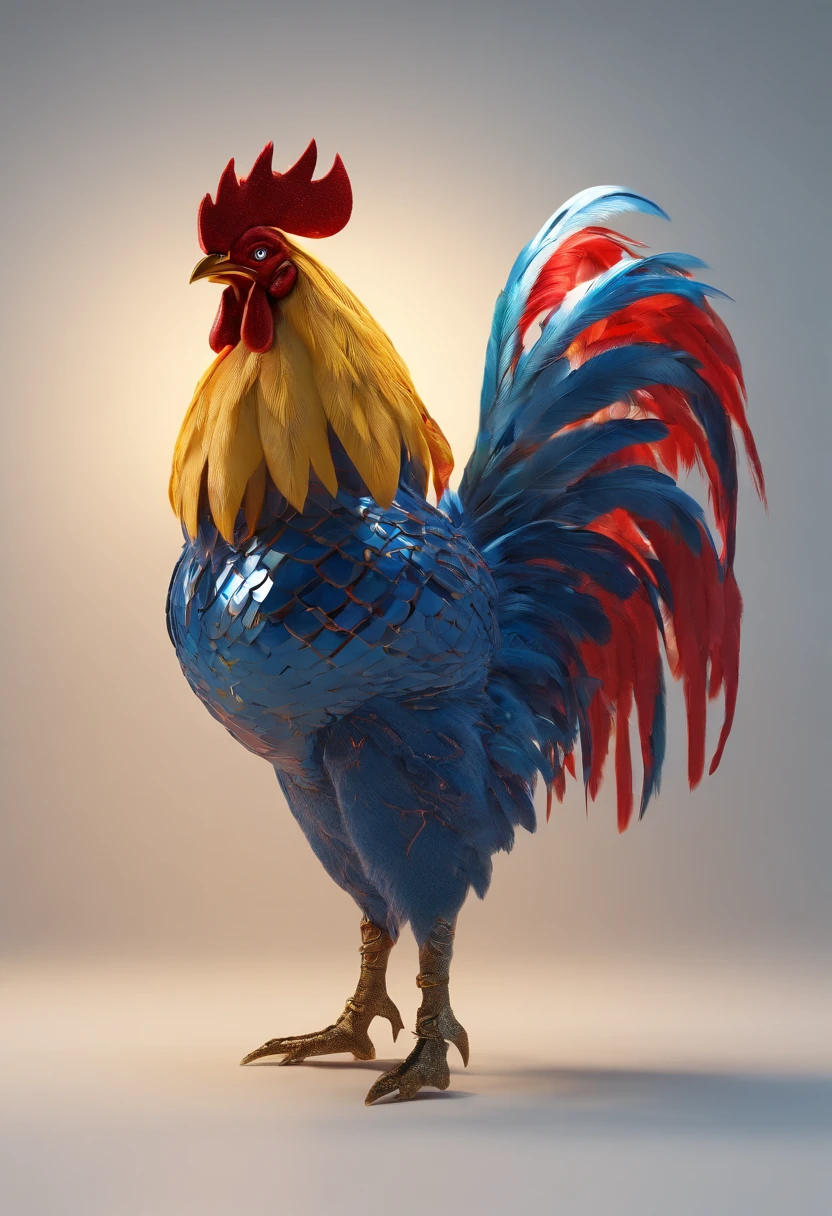 A humanoid rooster with the body of a man and the head of a rooster. It has blue and yellow feathers, a red beak and crest, Disney style.