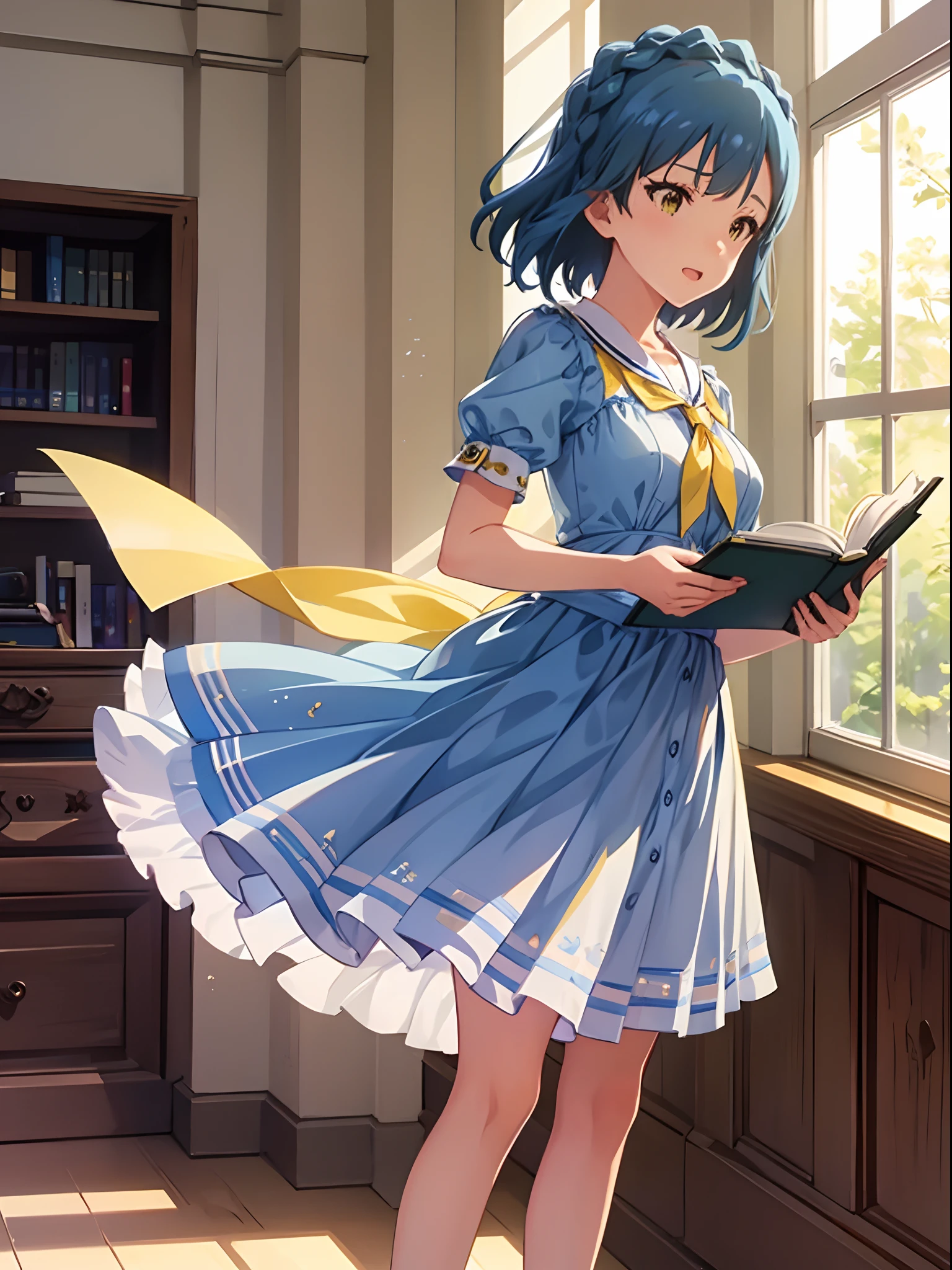 yuriko nanao (million live), 1 girl, Solo, Best Quality, masutepiece, 8K, High resolution, Ultra-detailed,upper body, From Side, Standing, lightsmile, Light blue dress, Sailor Color Dress, Short sleeves, Puffy sleeves, Yellow cardigan, holding books, In the school, hallway,