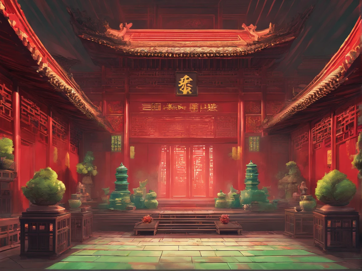 Temple hall with red walls and green tiles,There are statues of grandmothers,China-style