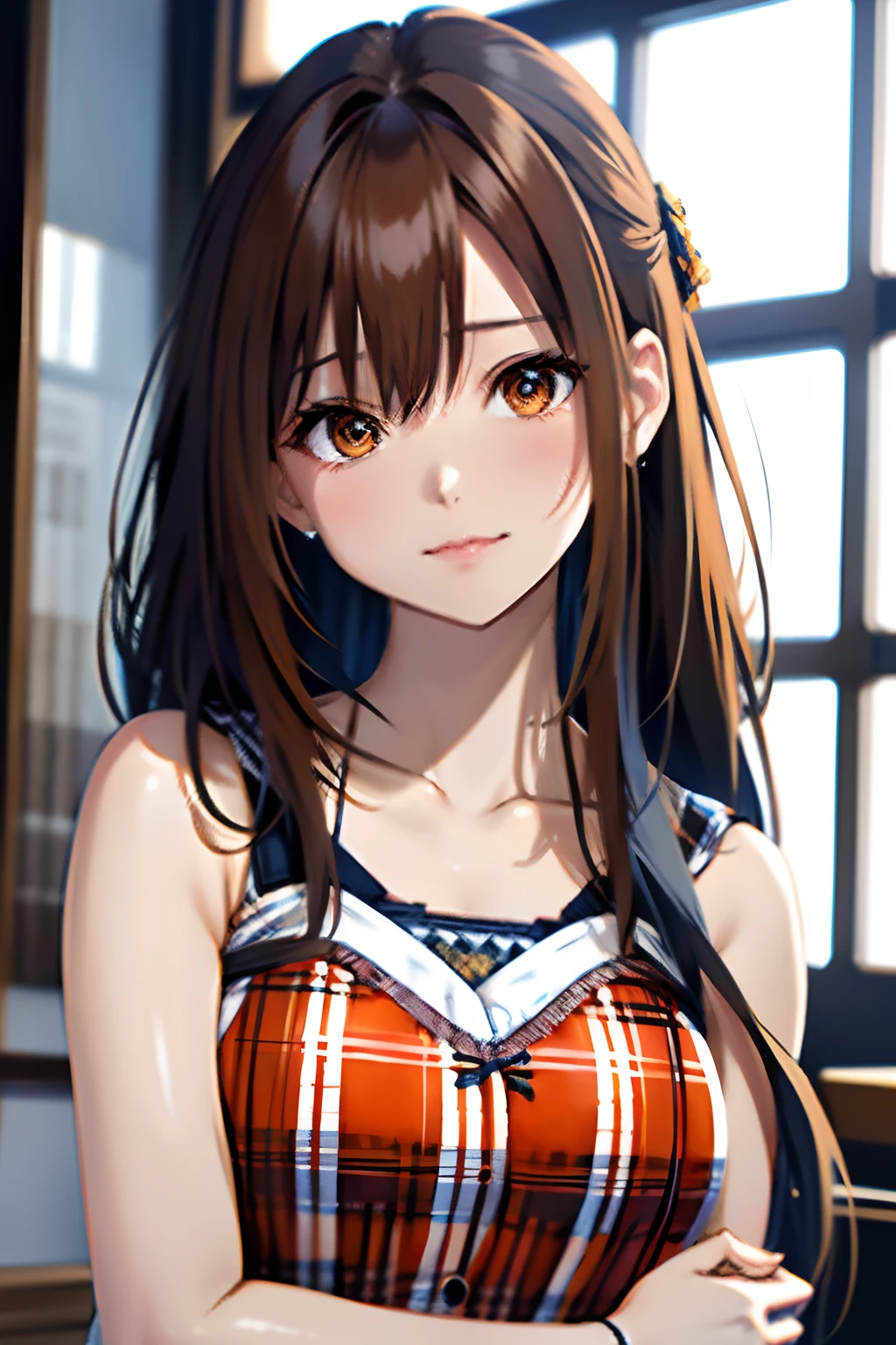 The upper part of the body、an oil painting、masterpiece、Ink painting style、top-quality、hight resolution、Orange long hair、Orange long hair、Naughty look、(((White and blue plaid bra)))、(((White and blue gingham plaid)))、The upper part of the body、Female face、Embarrassed face、sweat-wet skin、The background is all white、side poneyTail、((Side tail hair))、Arms folded in front of the chest、I'm embarrassed