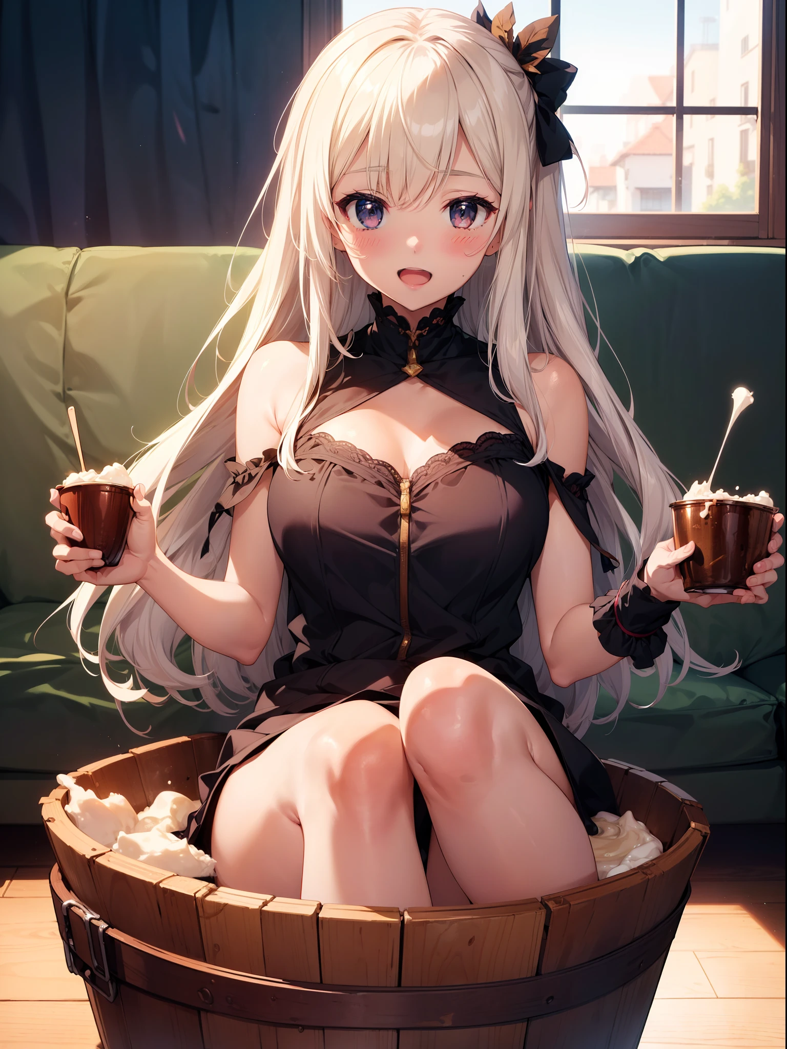 1 cute girl, making bucket pudding , upper shoulders , character focus ,close to viewer, smile , open mouth,blush , high resolution,(incredibly absurdres), (hires.fix:1.3),anime visual,extremely detailed CG unity 8k wallpaper, ((masterpiece)), ((top-quality)), (beautiful illustration), ((an extremely delicate and beautiful))