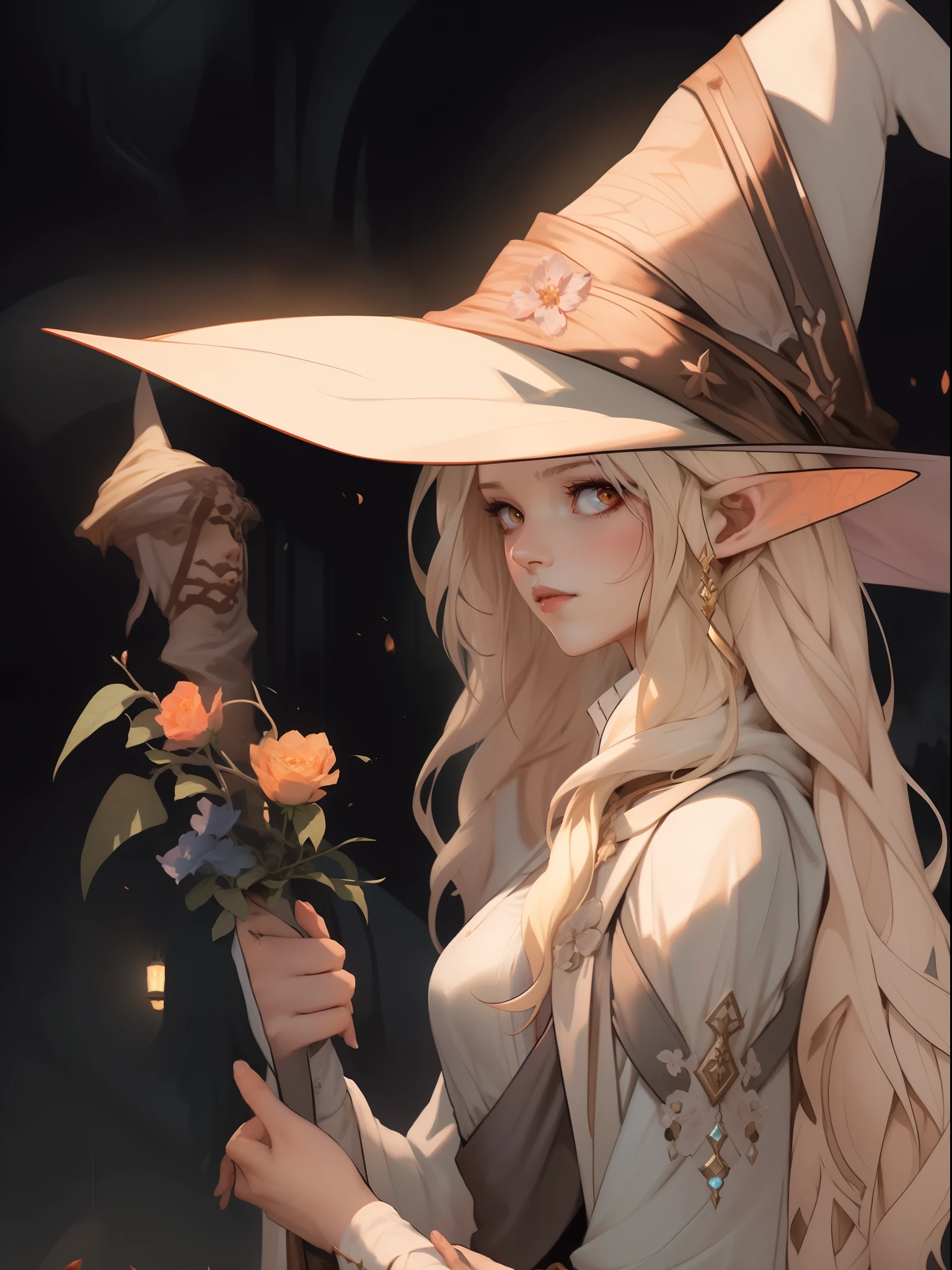 Anime girl with long blonde hair wearing hat and holding flowers, beautiful wizard, classical witch, castlevania witch, portrait of a female mage, guweiz, female wizard, a young female wizard, Fantasy Art Style, artgerm and atey ghailan, beautiful sorceress, kawacy, Beautiful female wizard, anime fantasy illustration